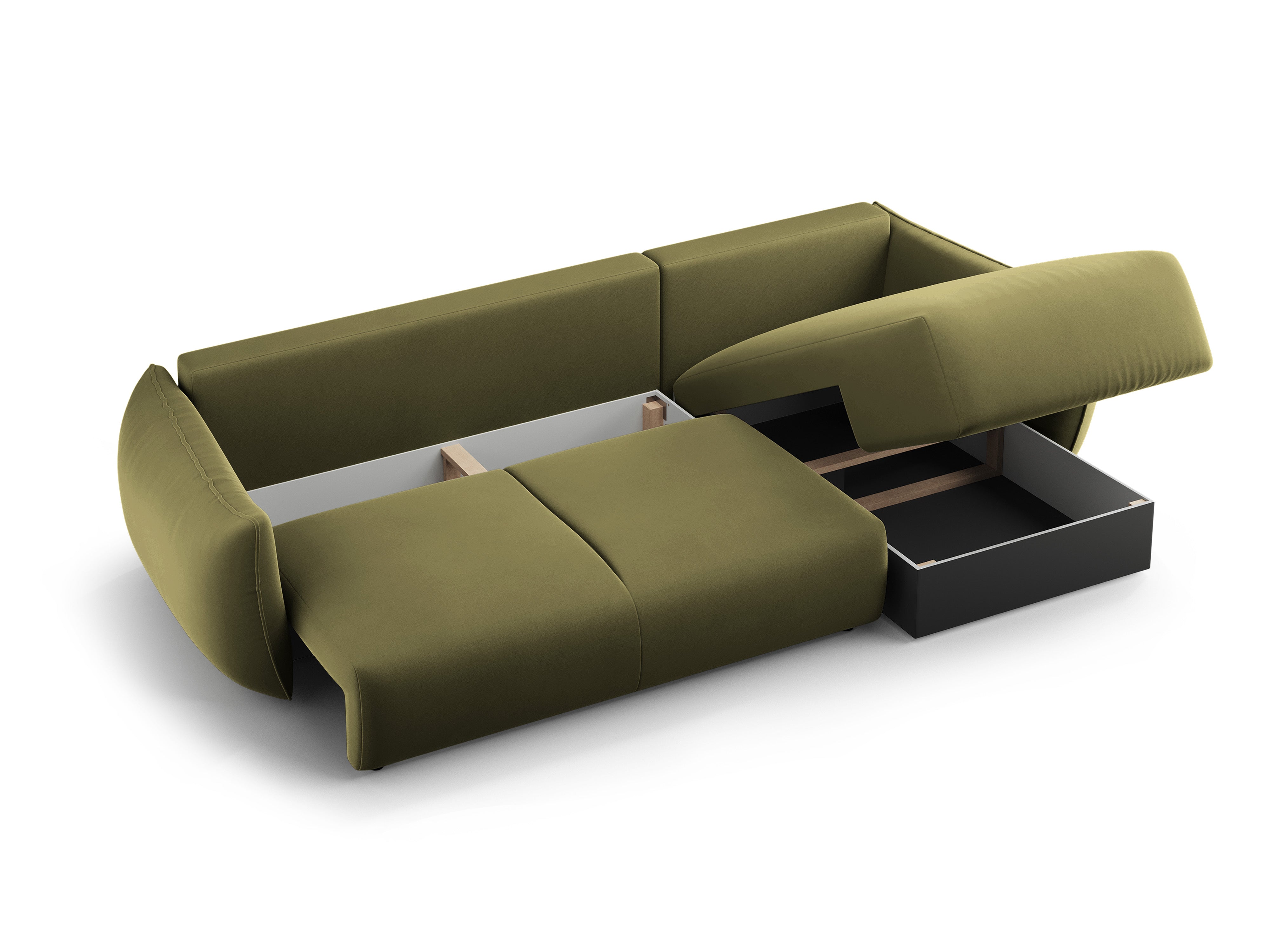 Left-facing velvet corner sofa with sleeping function MATERA in olive green
