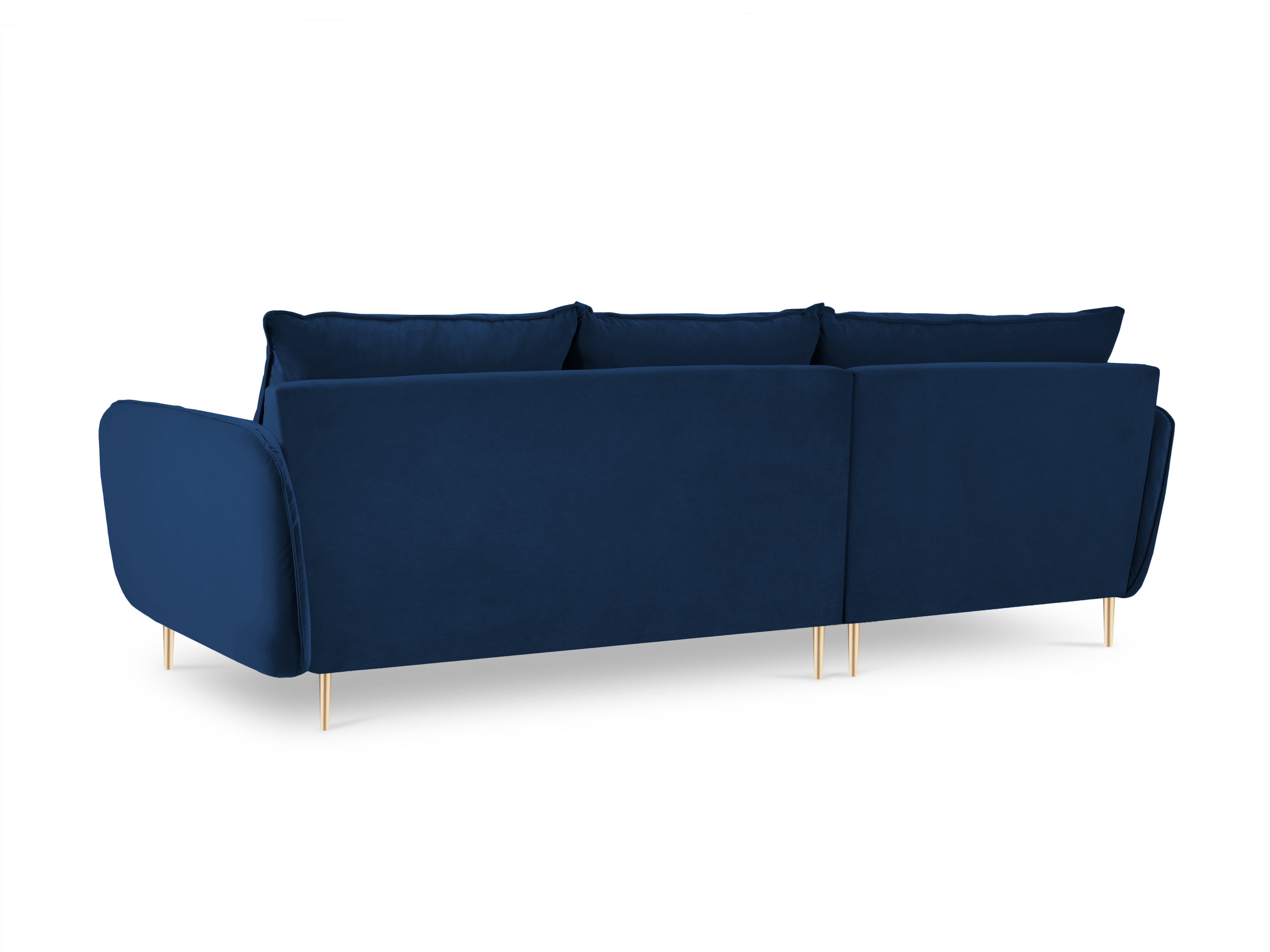 Left-facing velvet corner sofa for 5 people VIENNA in royal blue with a gold base