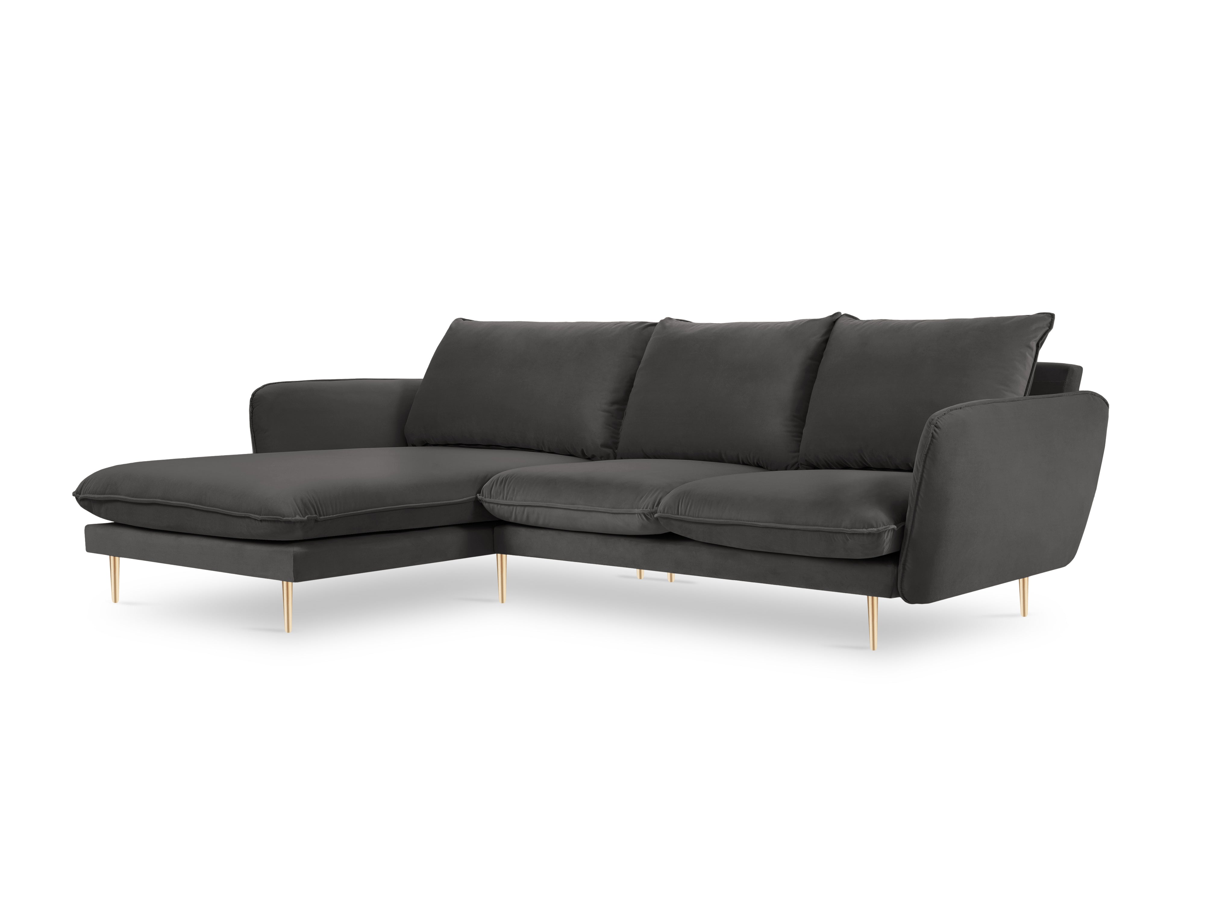 Left-facing velvet corner sofa for 5 people VIENNA in dark gray with a gold base