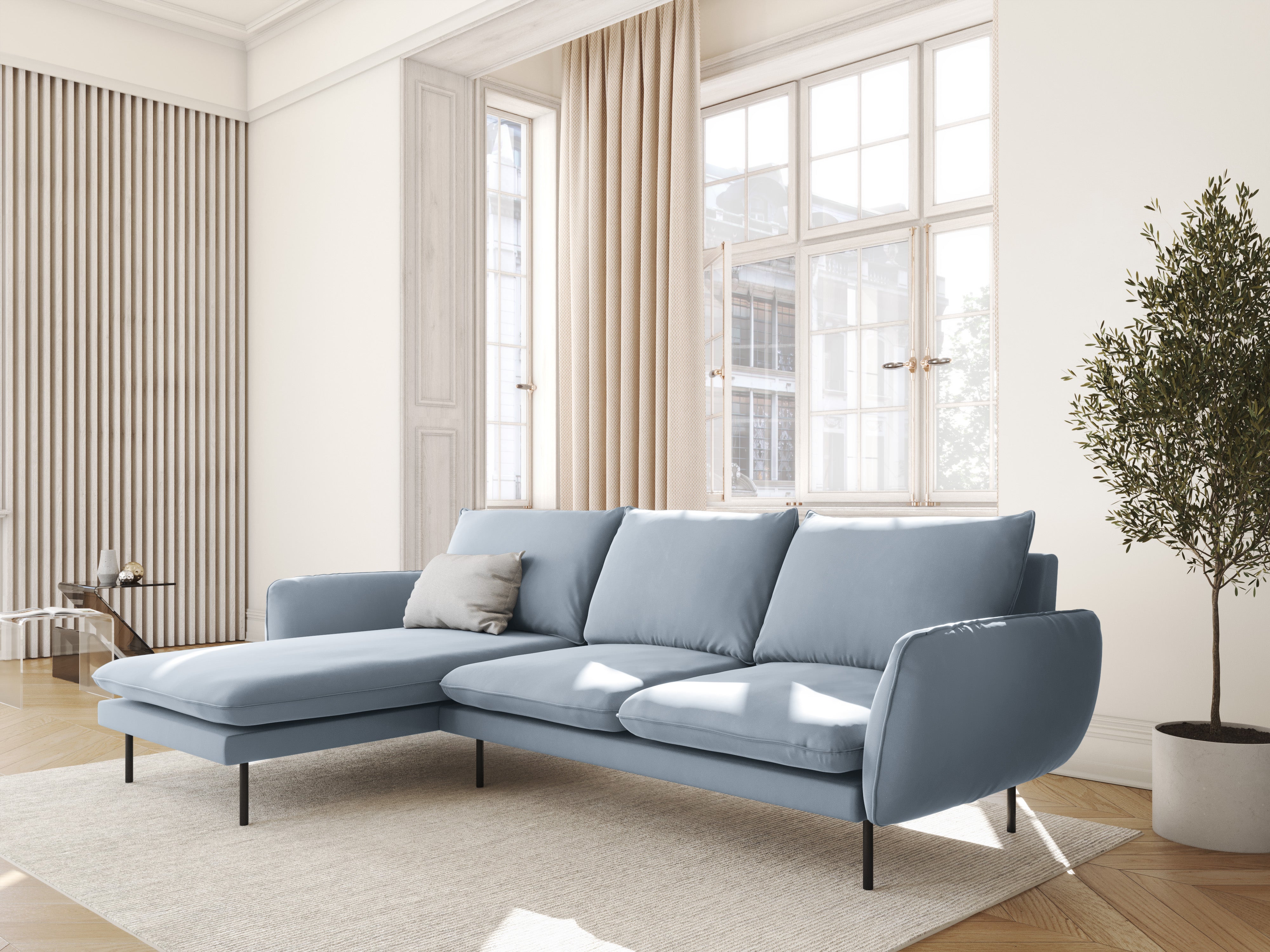 Left-facing velvet corner sofa for 5 people VIENNA light blue with black base