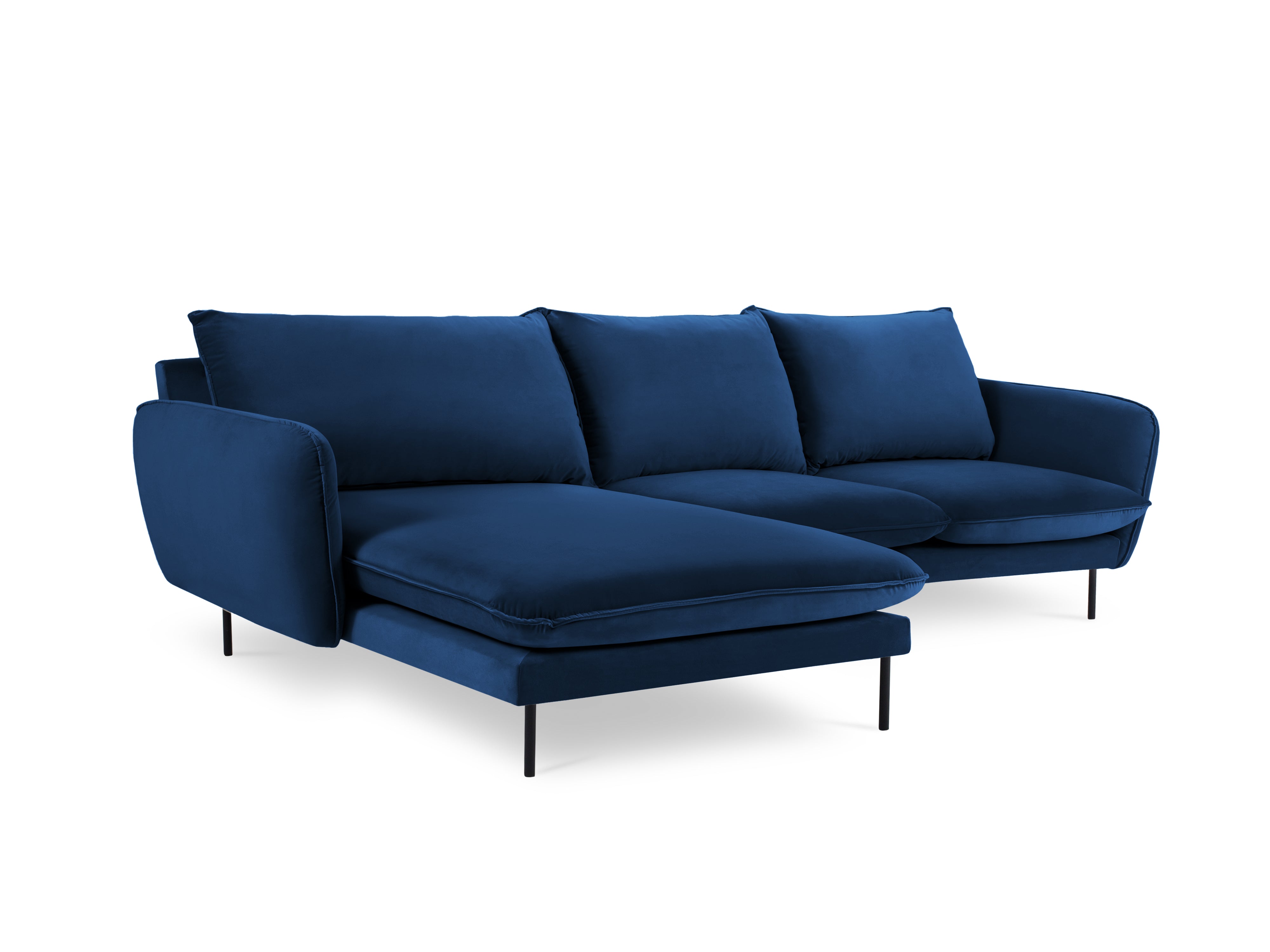 Left-facing velvet corner sofa for 5 people VIENNA in royal blue with a black base