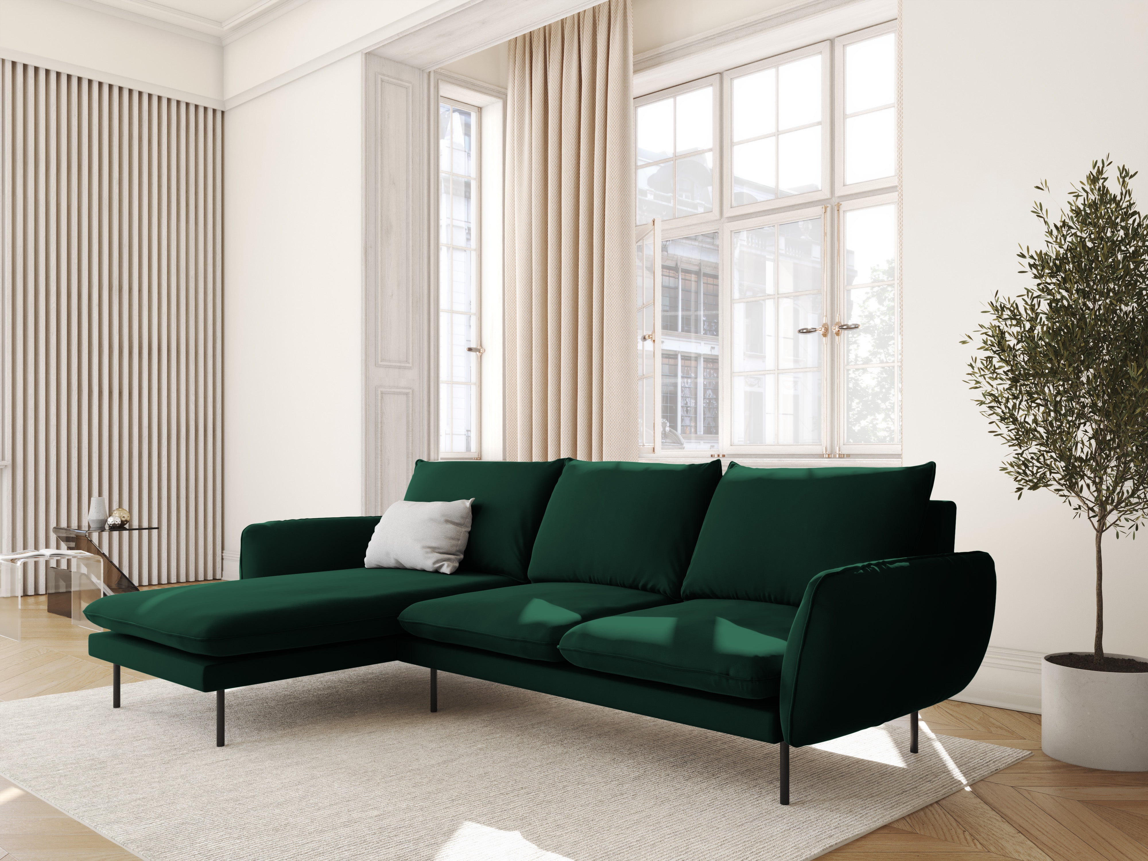 Left-facing velvet corner sofa for 5 people VIENNA in bottle green with a black base