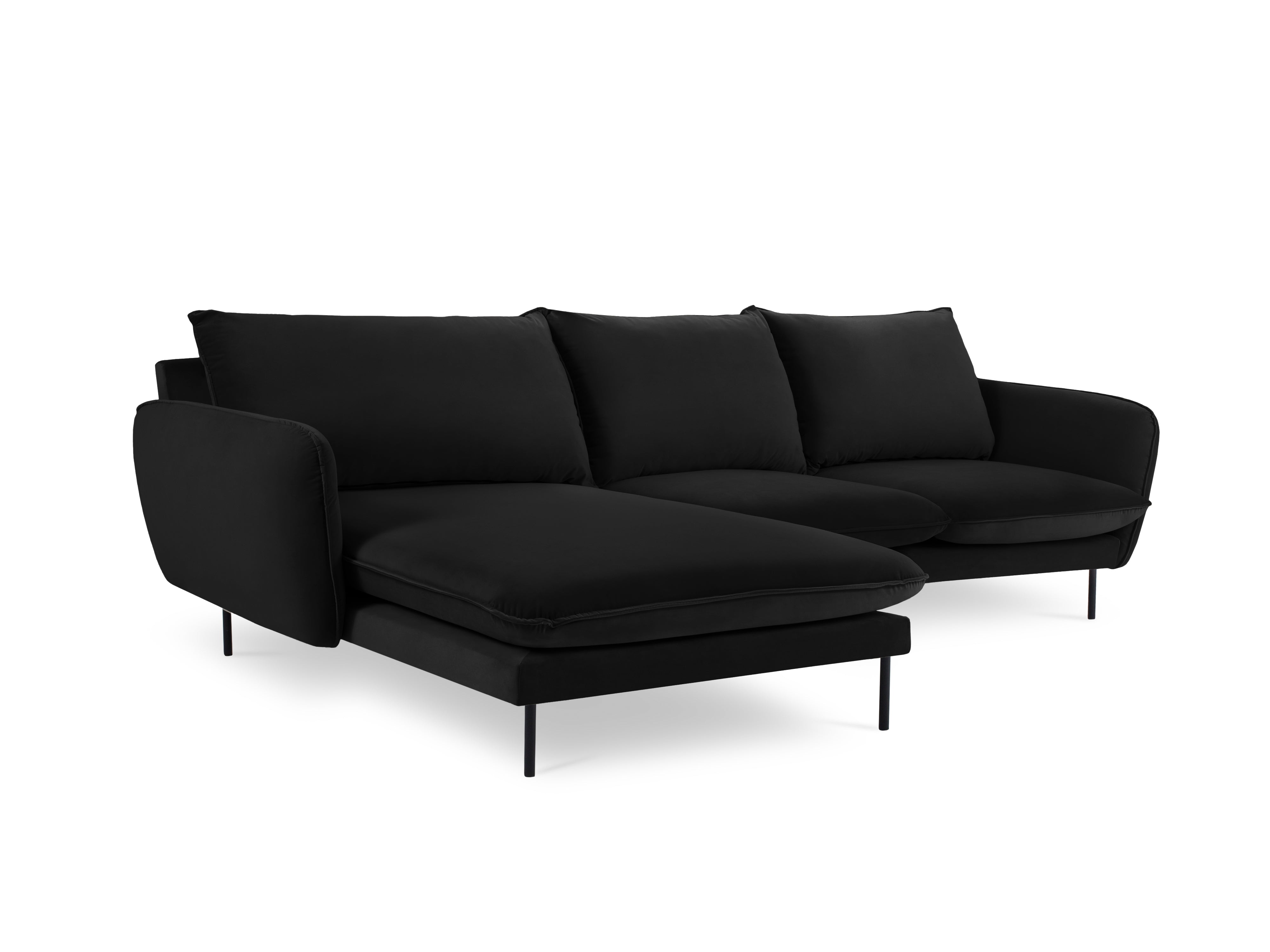Left-facing velvet corner sofa for 5 people VIENNA in black with a black base