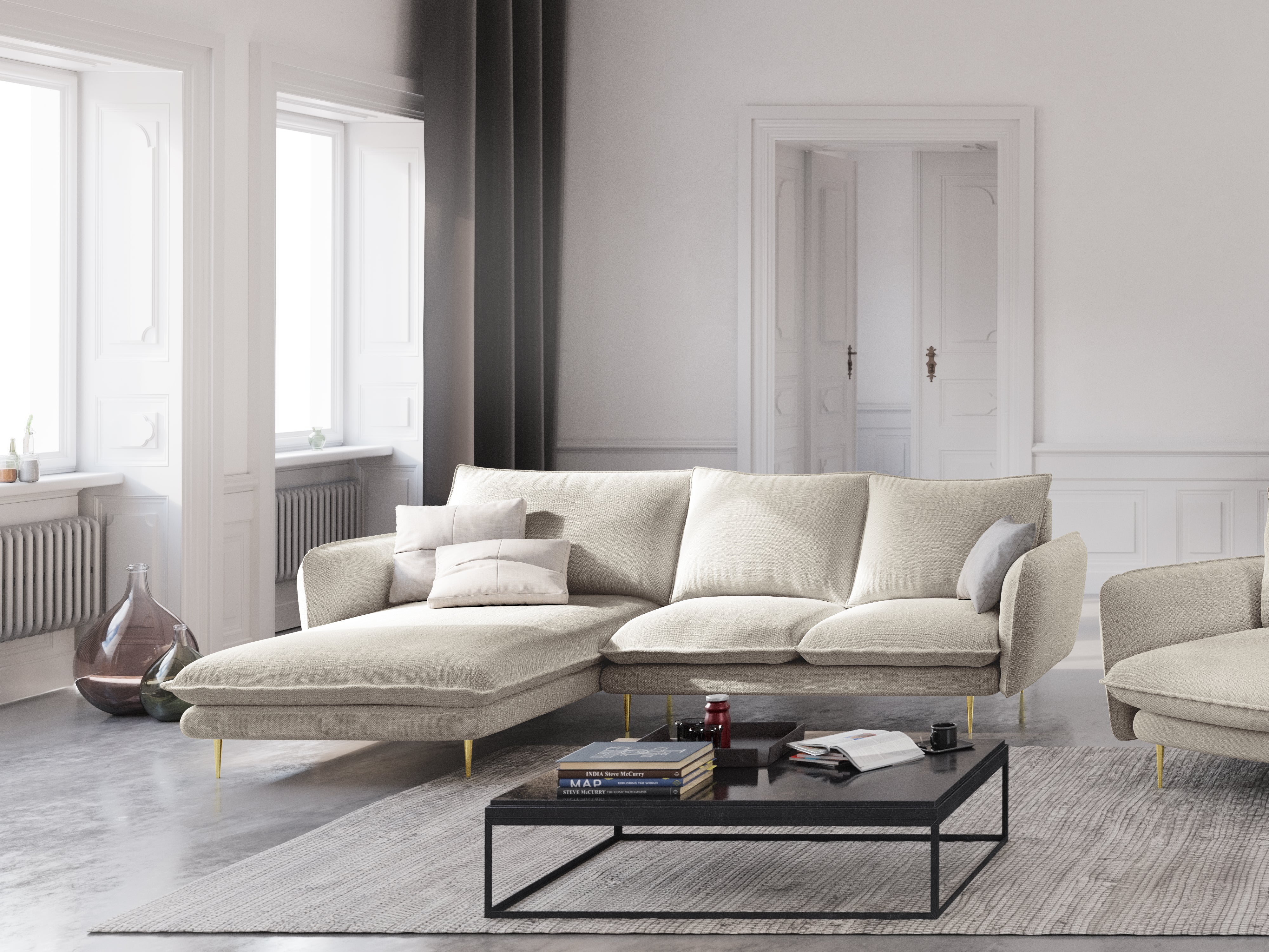 Ecksofa für 6 Personen links VIENNA hellbeige Chenille mit goldenem Fuß