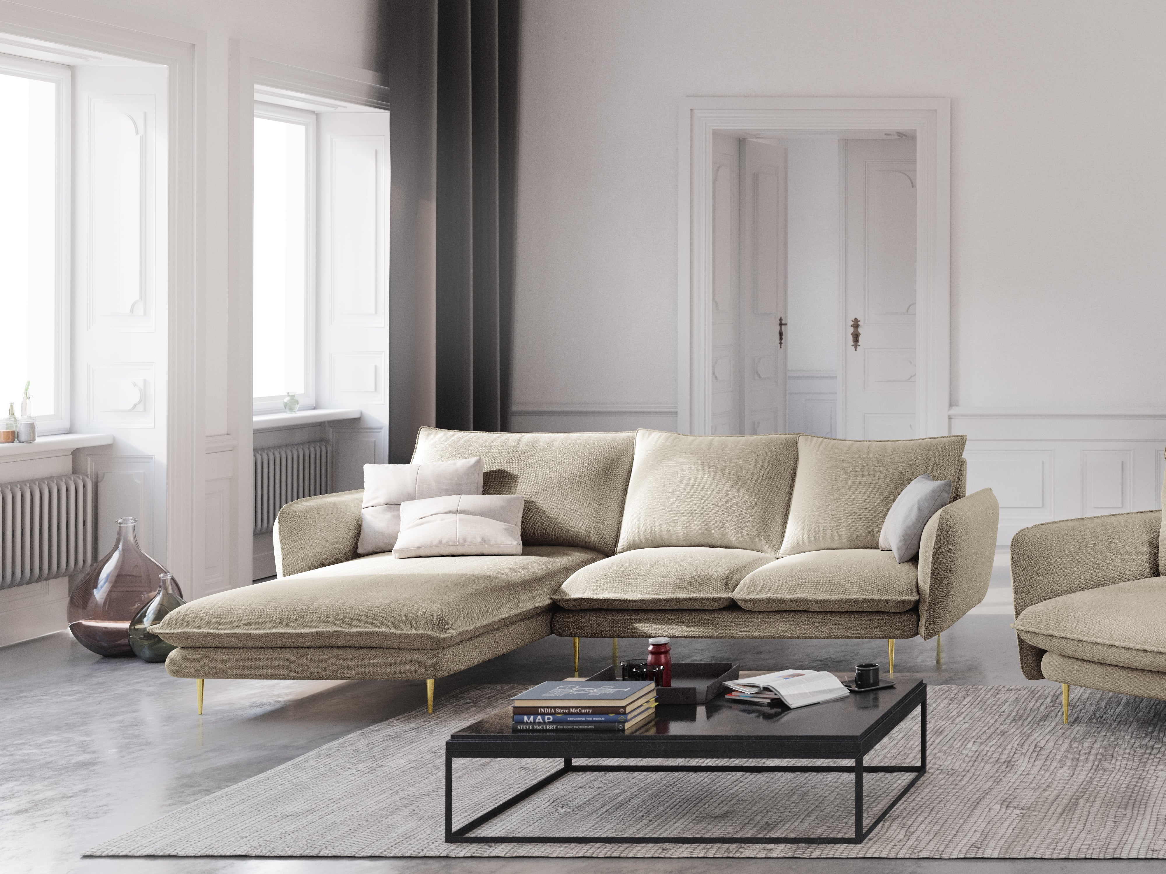 Ecksofa für 6 Personen links VIENNA beige Chenille mit goldenem Fuß