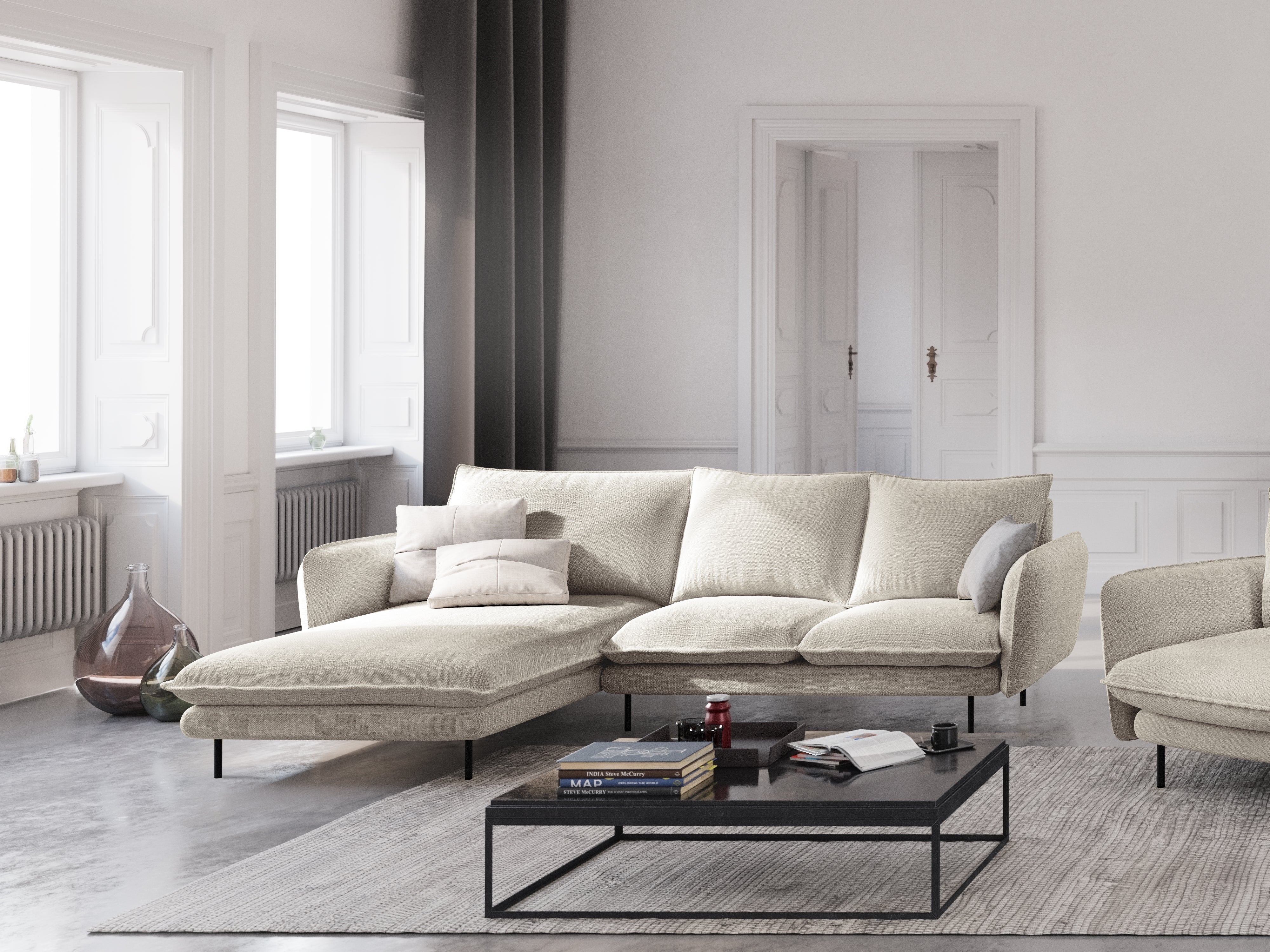 Ecksofa für 6 Personen links VIENNA hellbeige Chenille mit schwarzem Gestell