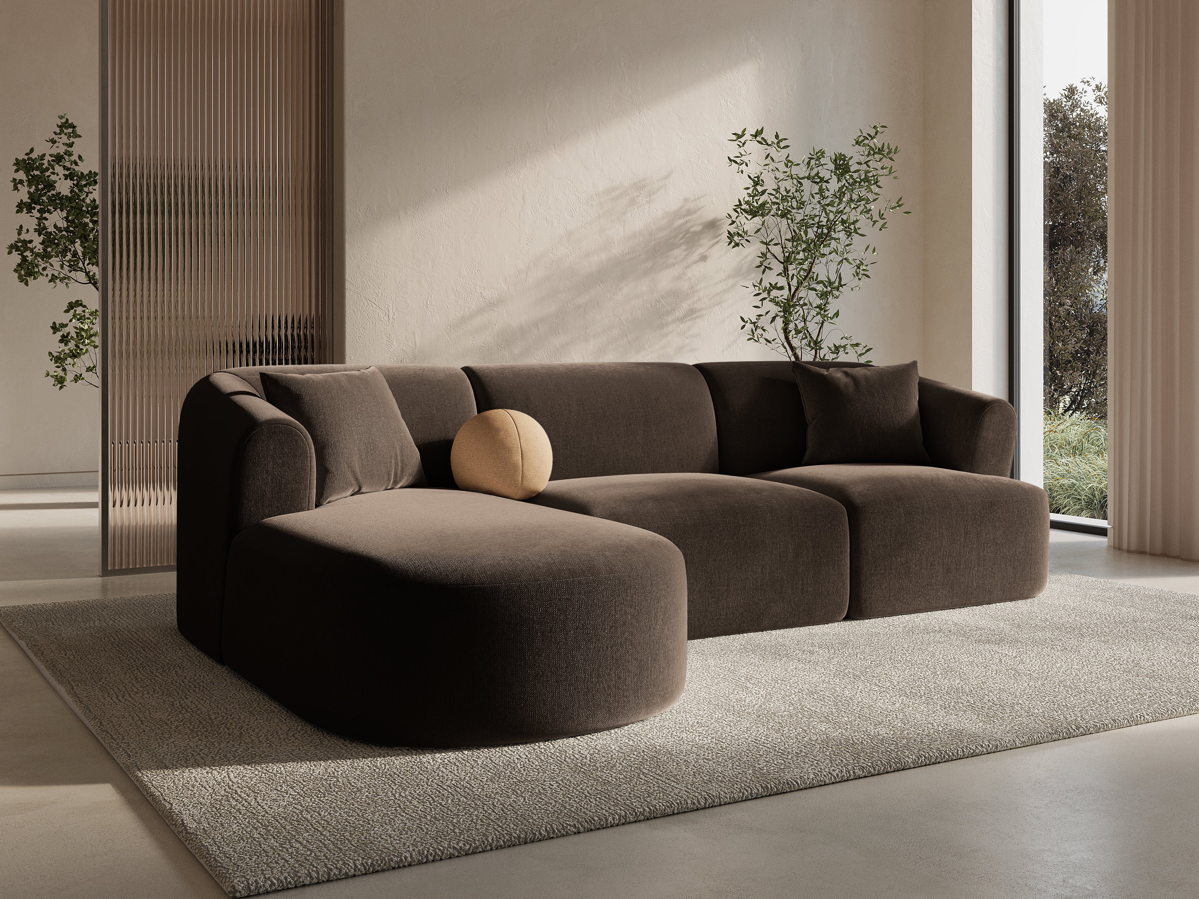 Chocolate left-facing velvet corner sofa for 4 people CAMPI