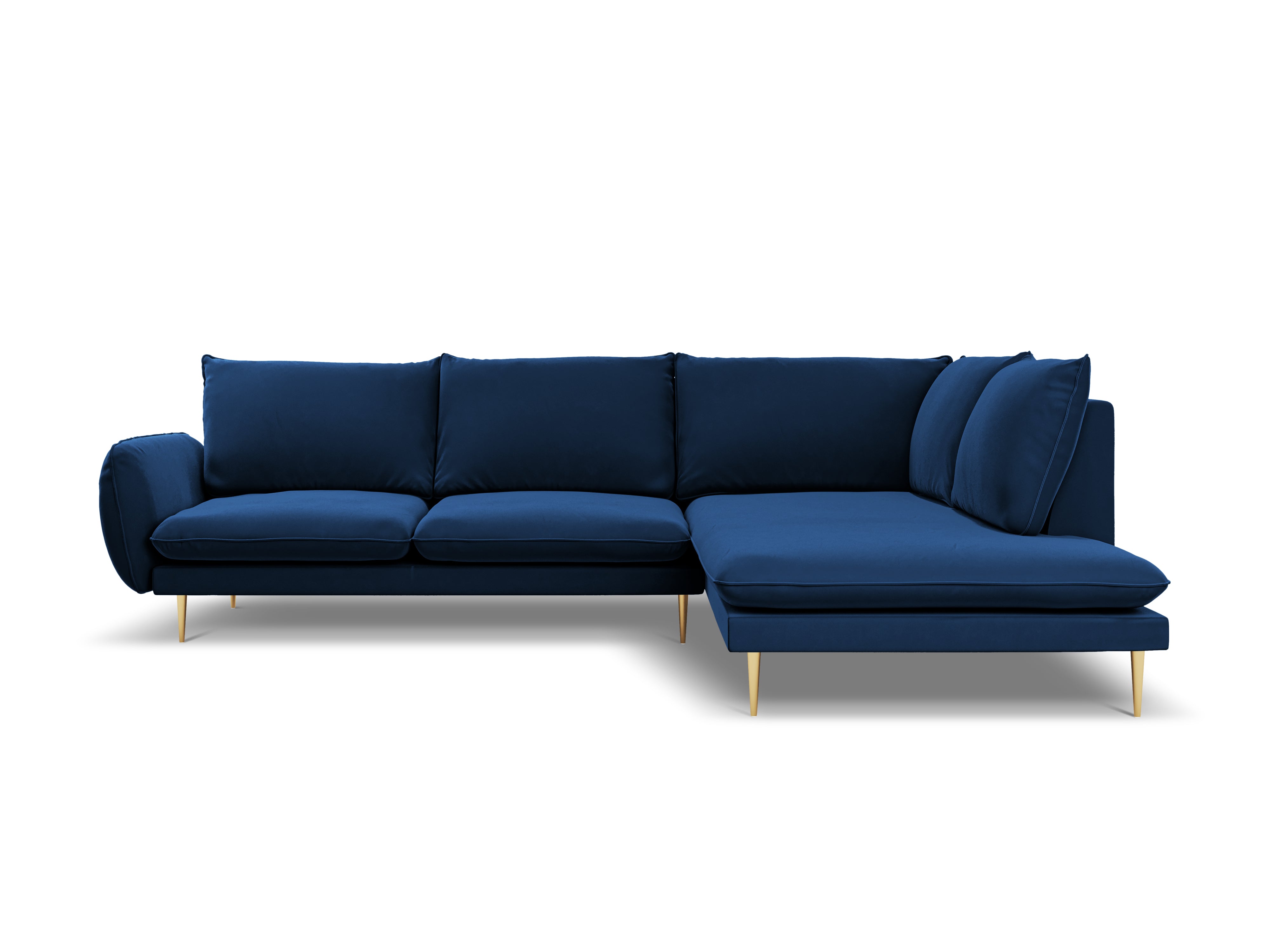 Left-facing velvet corner sofa for 5 people VIENNA in royal blue with a gold base