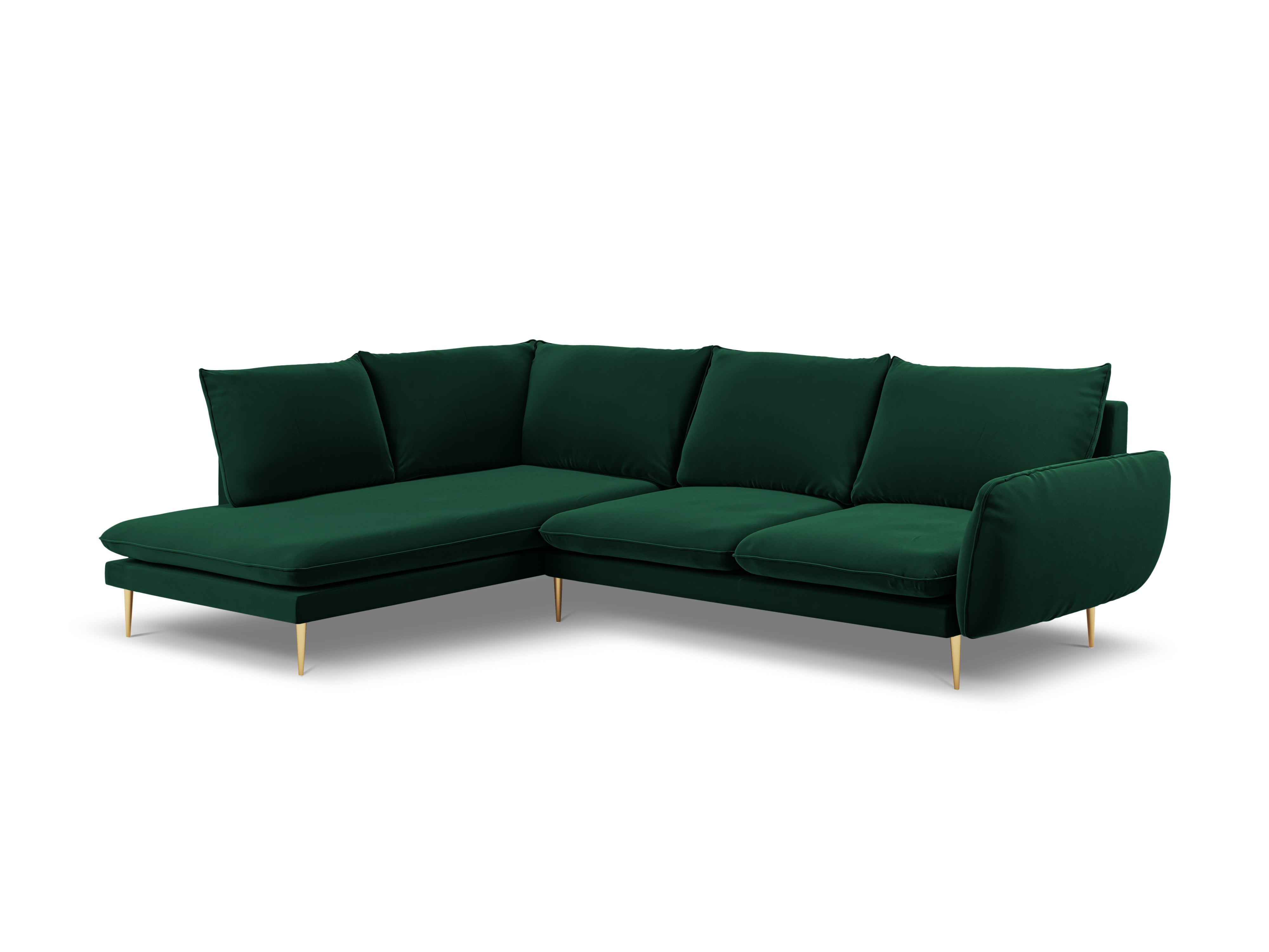 Left-facing velvet corner sofa for 5 people VIENNA in bottle green with a gold base
