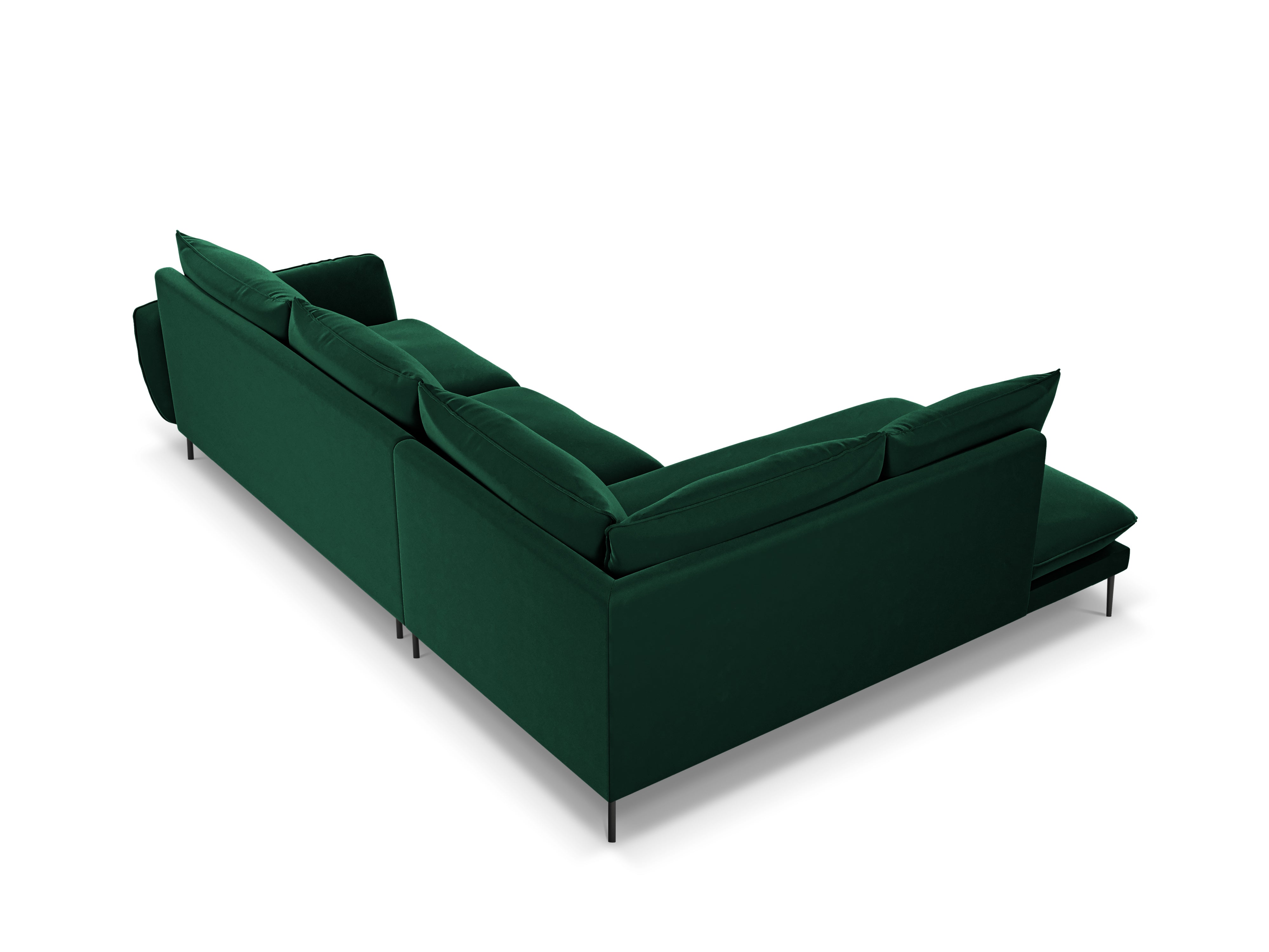 Left-facing velvet corner sofa for 5 people VIENNA in bottle green with a black base