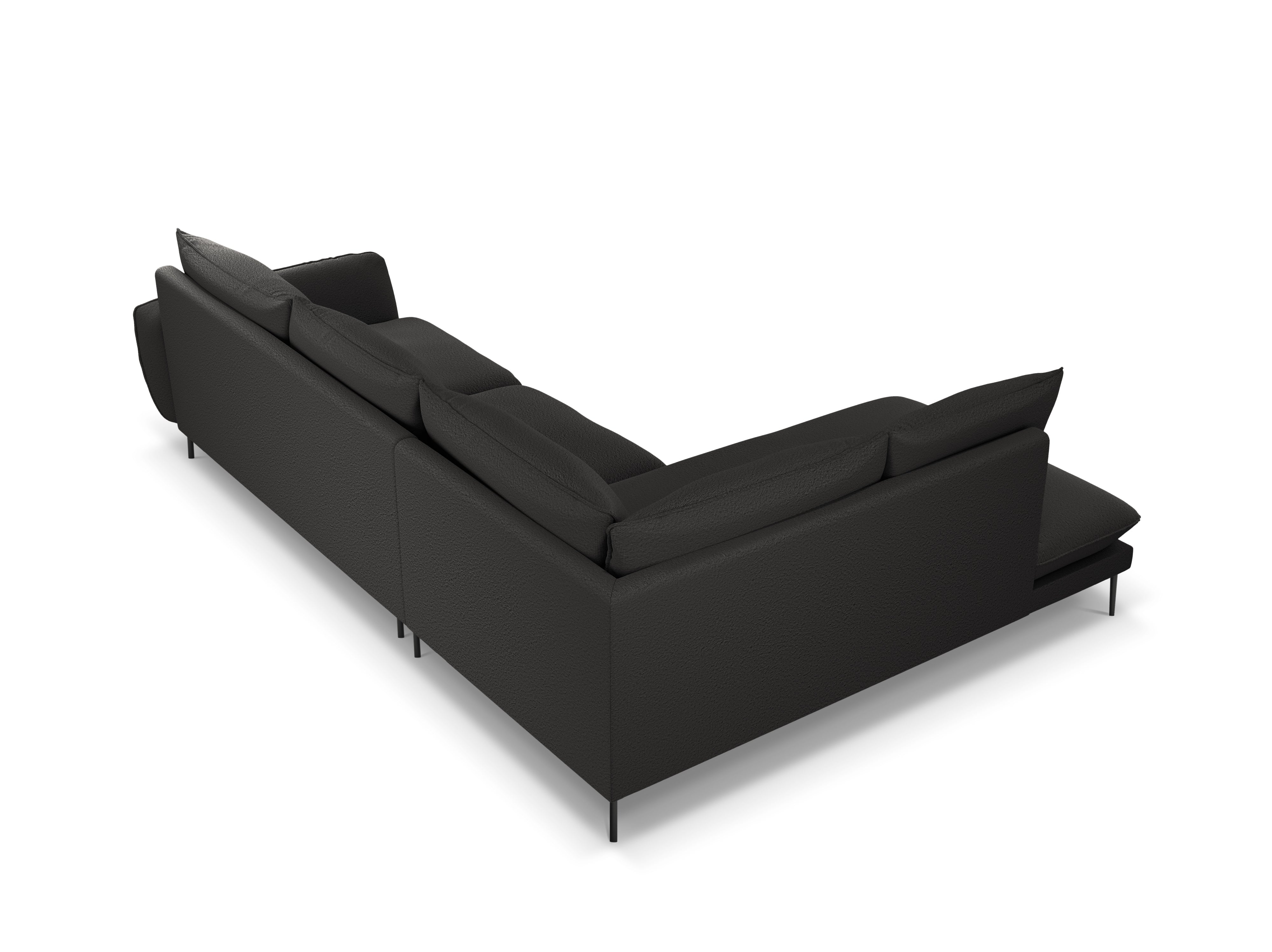 Left-facing 6-seater corner sofa VIENNA in black boucle with a black base