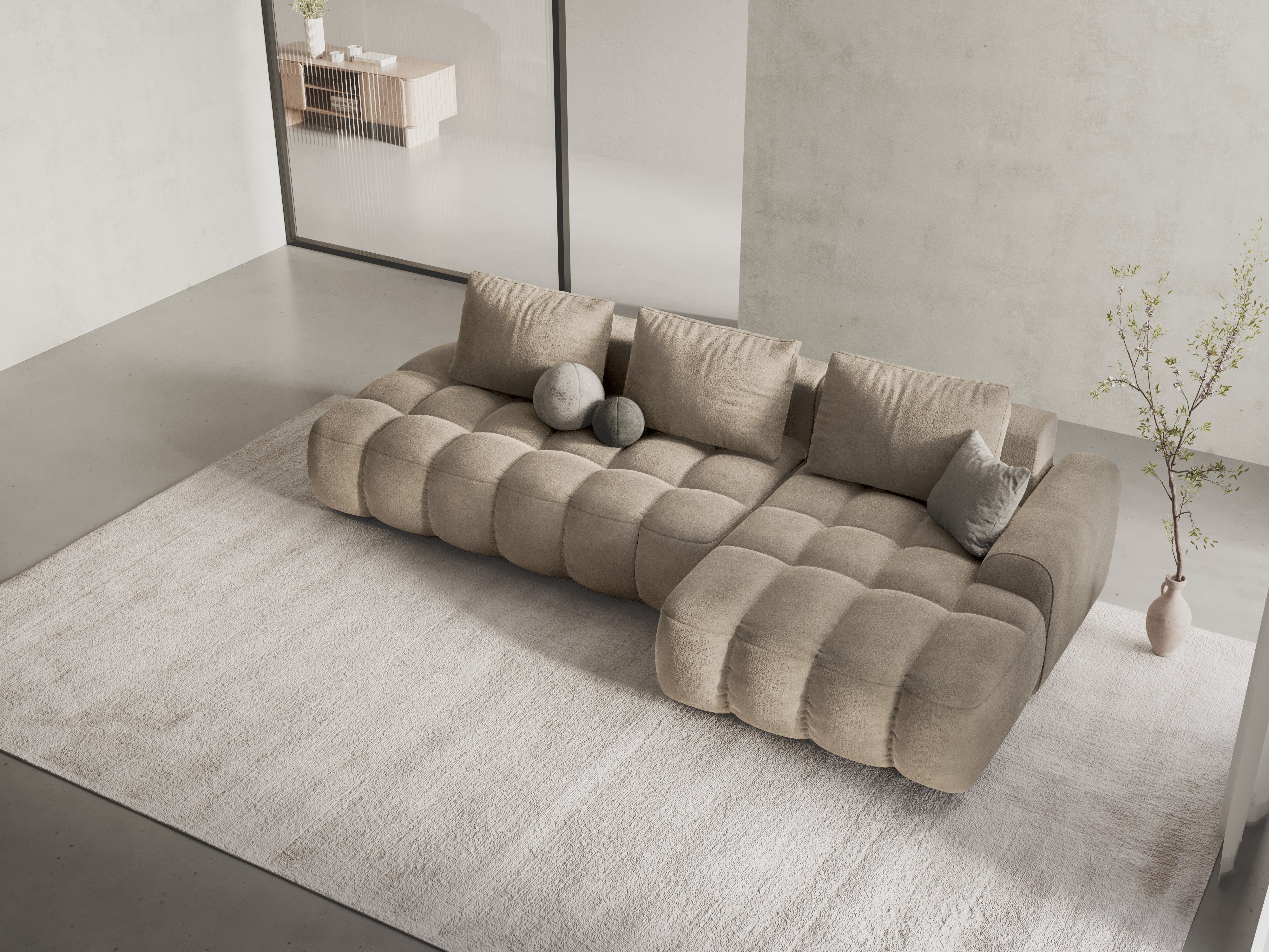 Samt-Ecksofa rechts mit Schlaffunktion 3-sitzig LINZ hellbeige