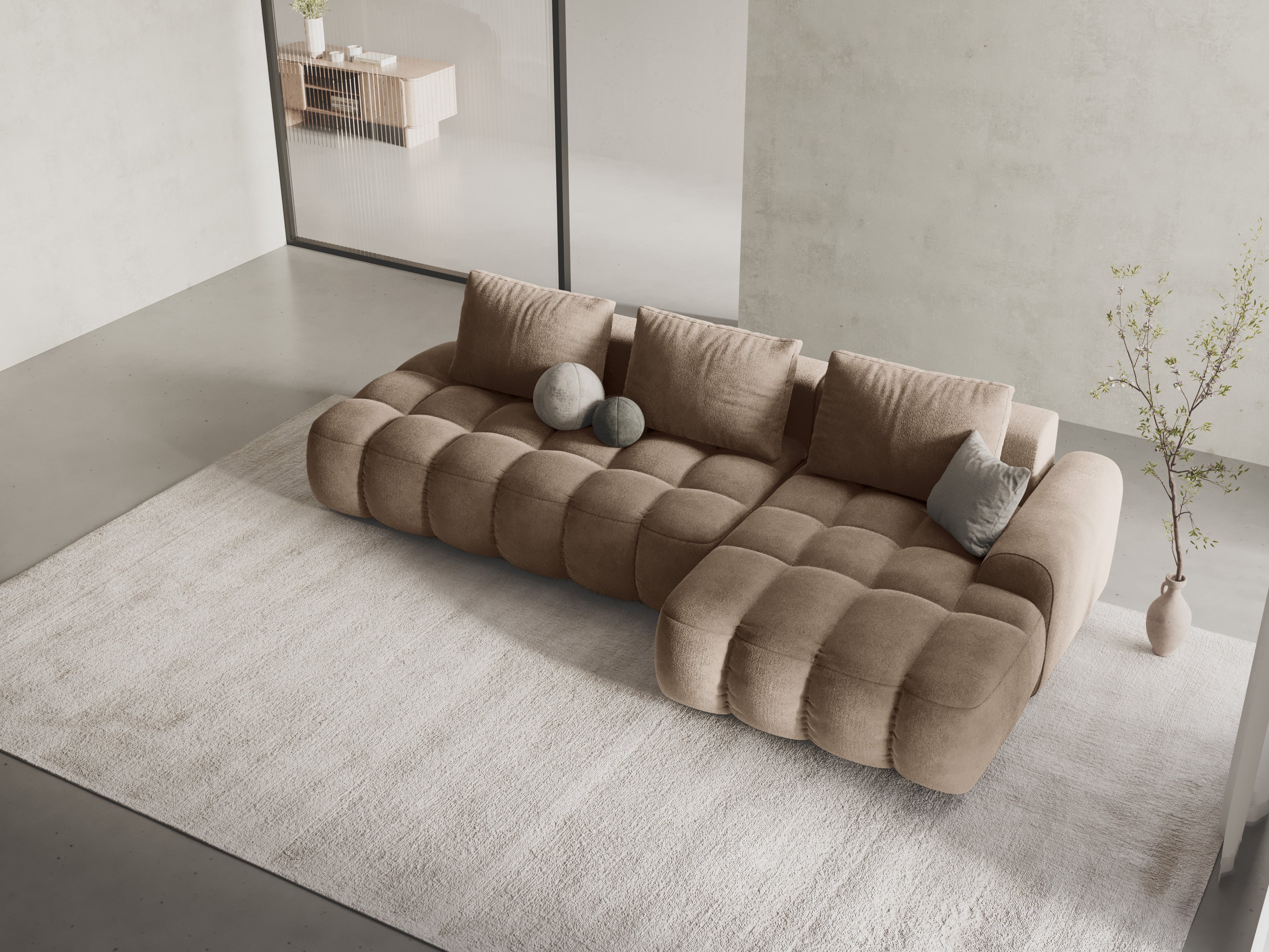 Samt-Ecksofa rechts mit Schlaffunktion 3-sitzig LINZ dunkelbeige