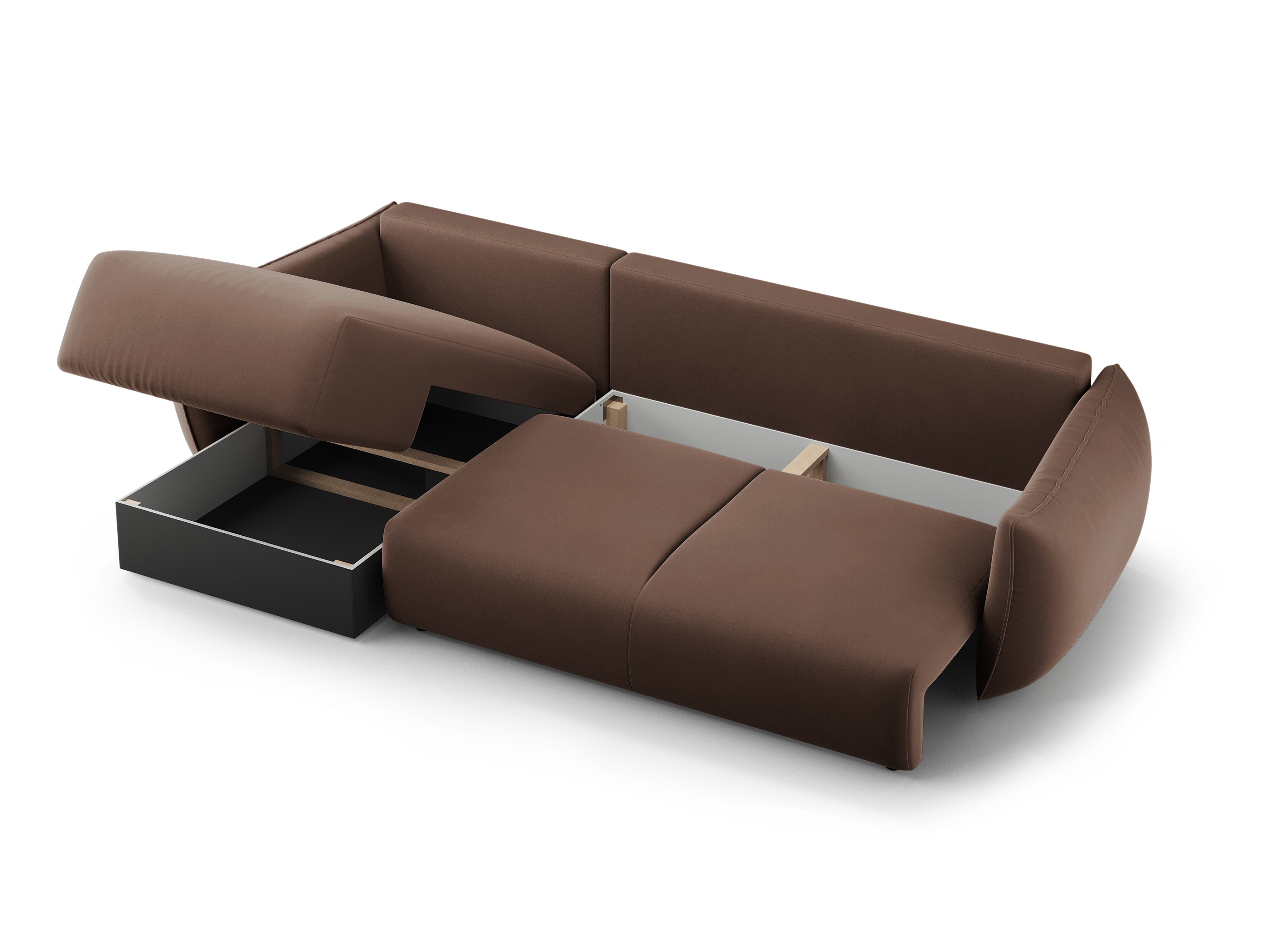 Right-facing velvet corner sofa with sleeping function MATERA chocolate