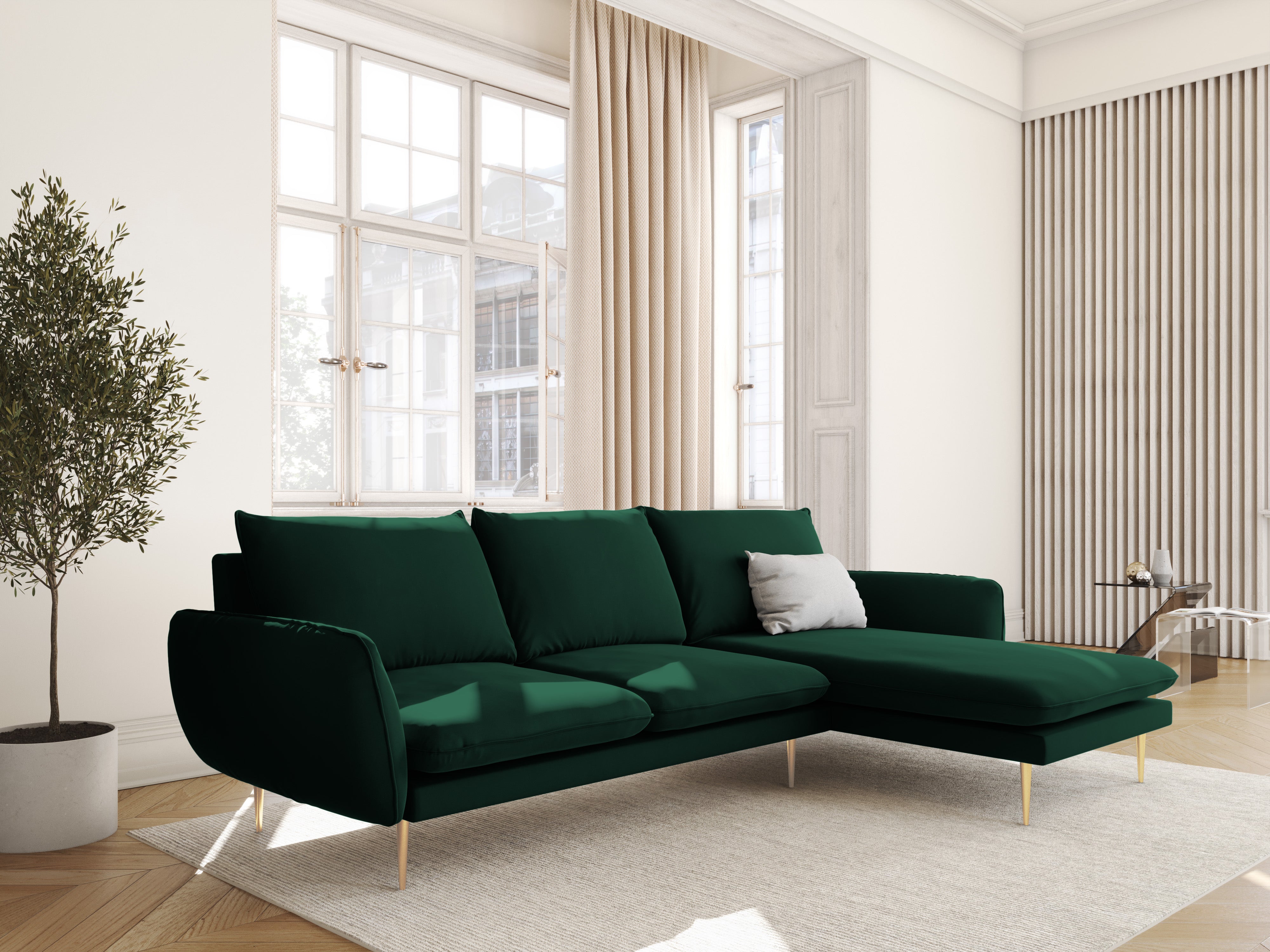 Velvet corner sofa right-facing for 5 people VIENNA in bottle green with a gold base