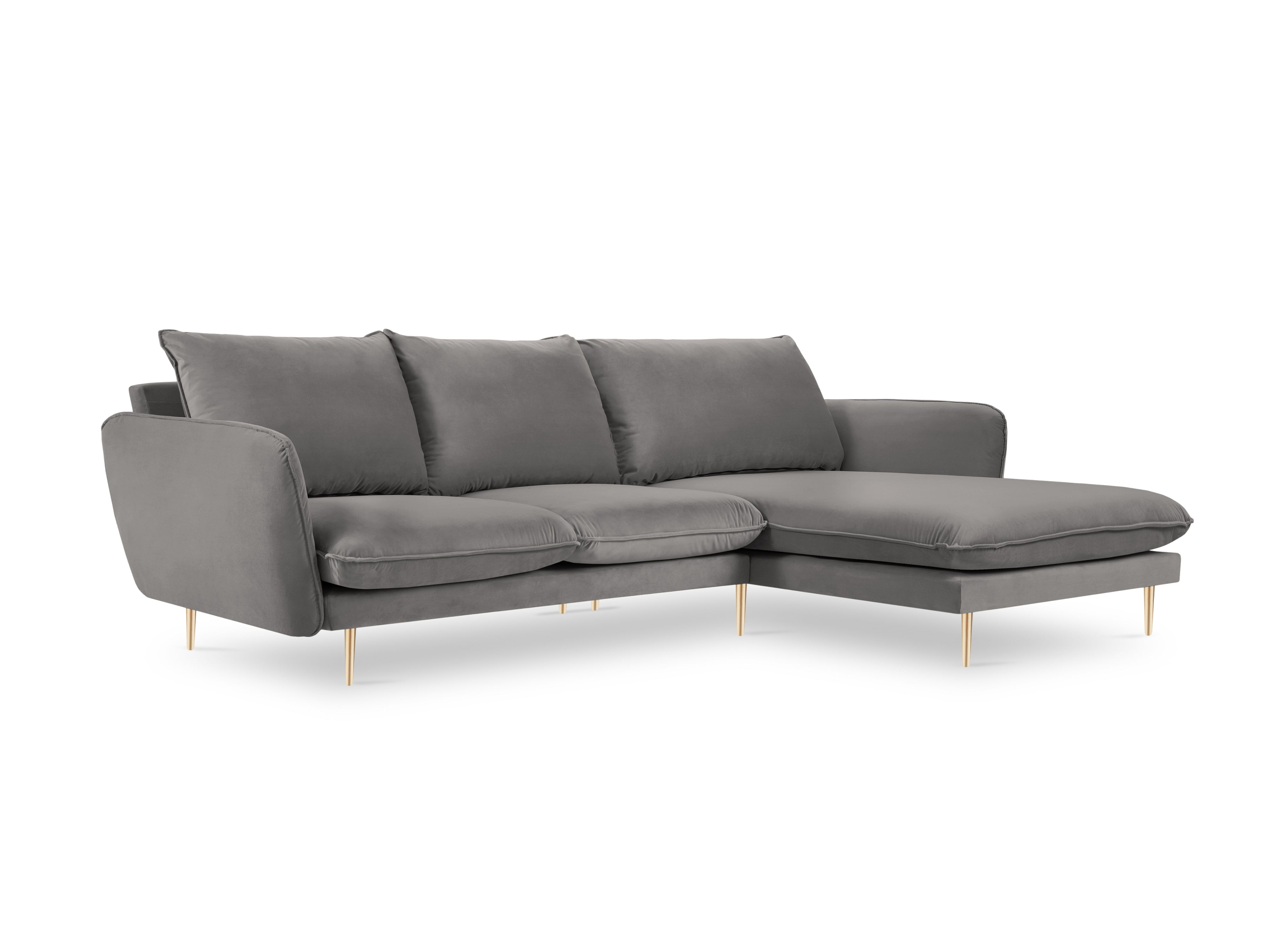 Velvet corner sofa, right-facing, 5-seater VIENNA in light gray with a gold base