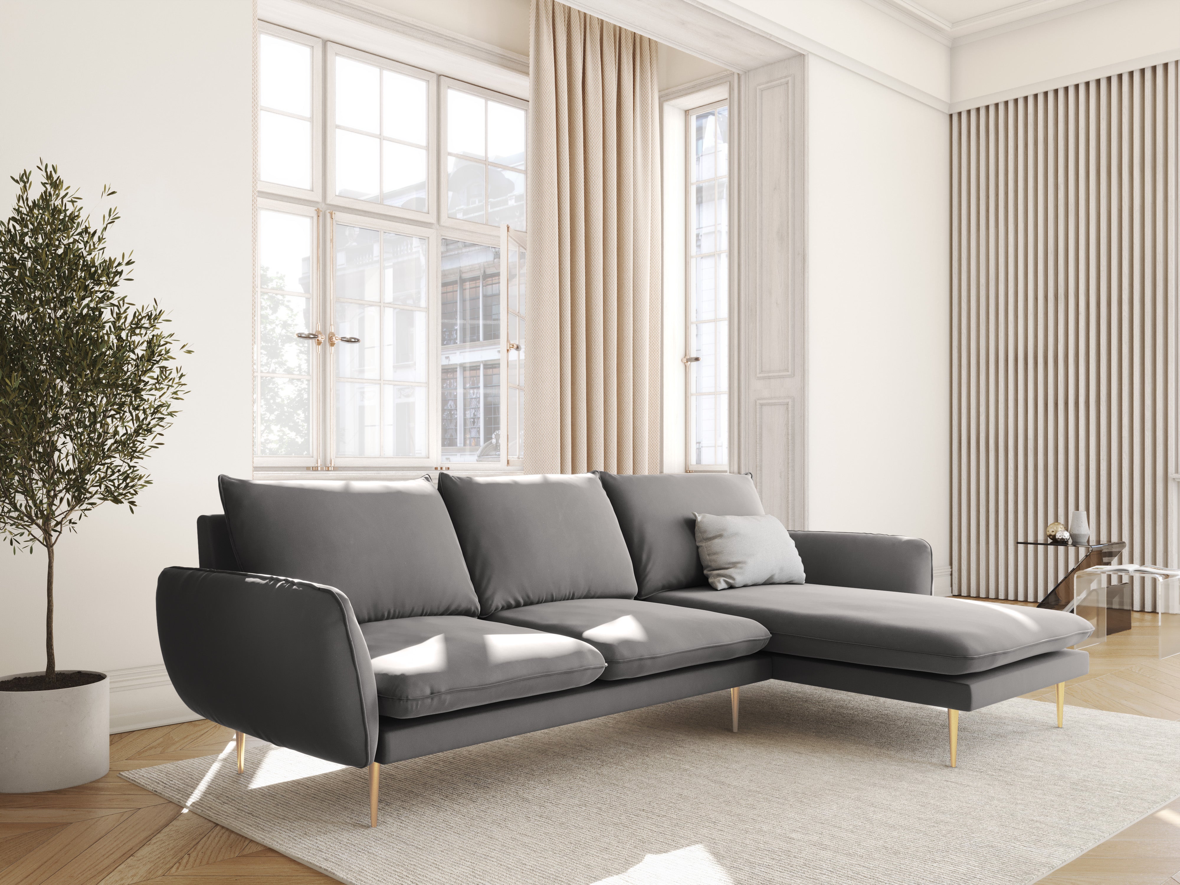 Velvet corner sofa, right-facing, 5-seater VIENNA in light gray with a gold base