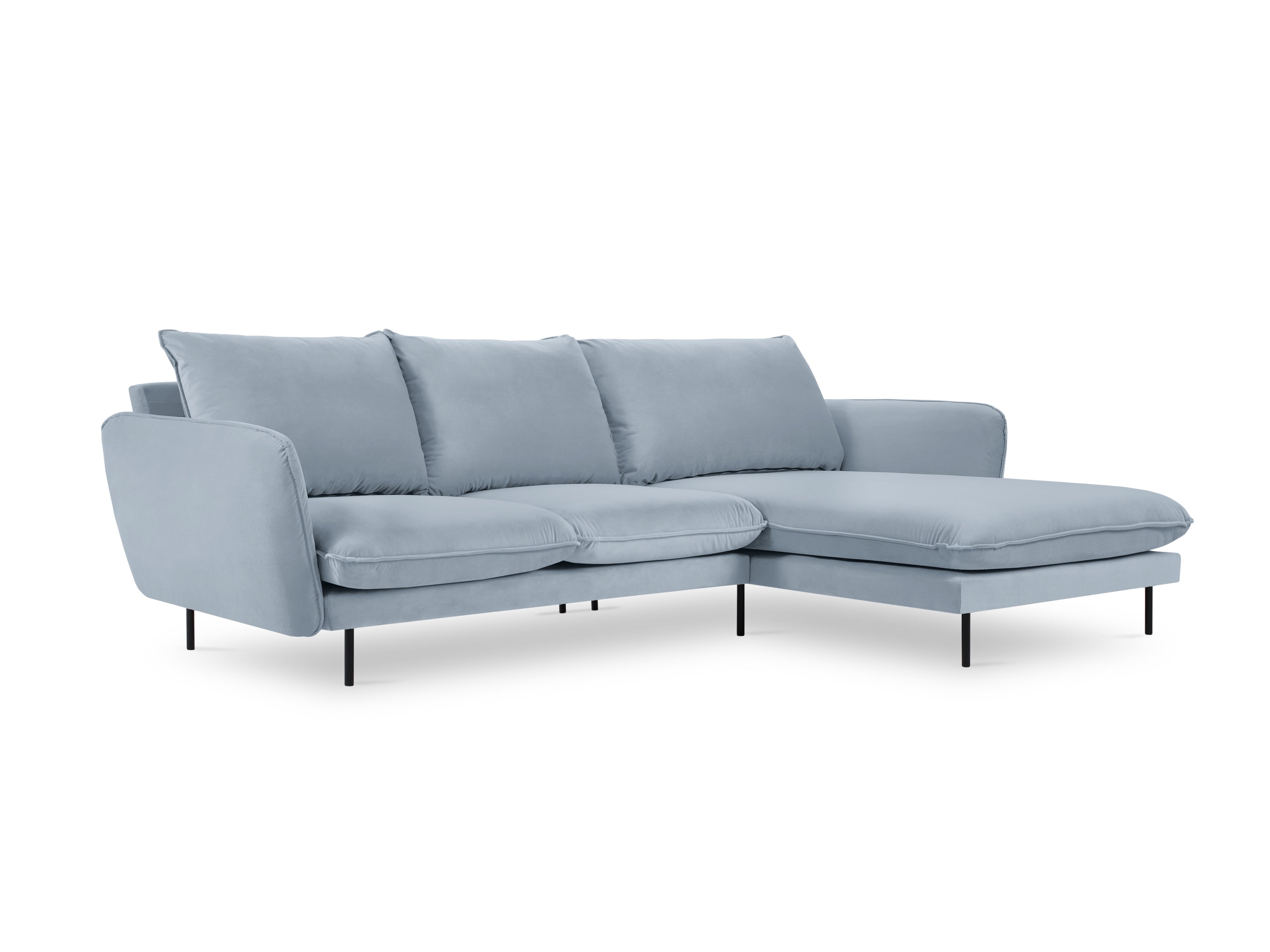 Velvet corner sofa right-facing for 5 people VIENNA light blue with black base