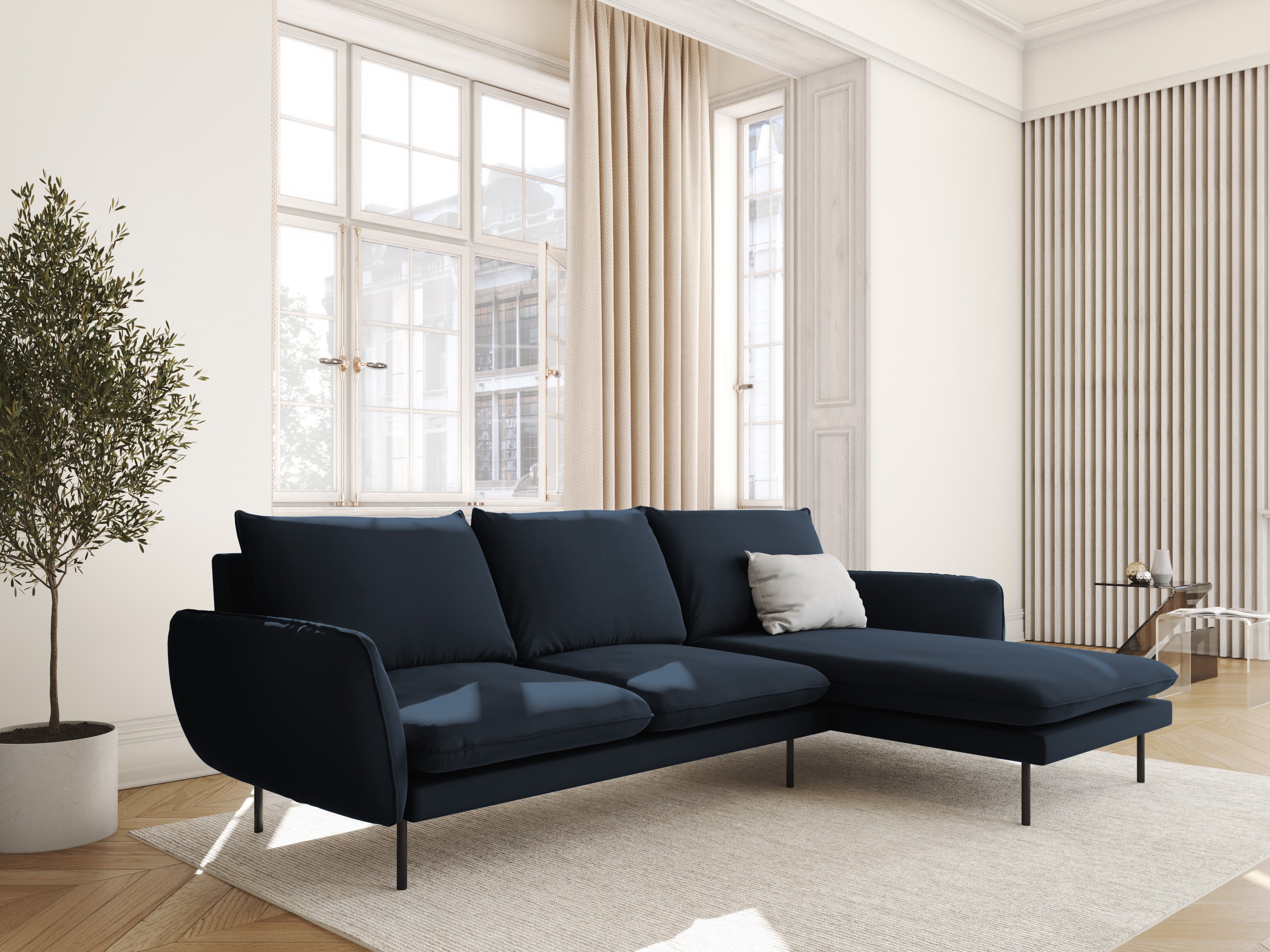 Velvet Corner Sofa Right-Hand Side 5-Seater VIENNA Dark Blue with Black Base