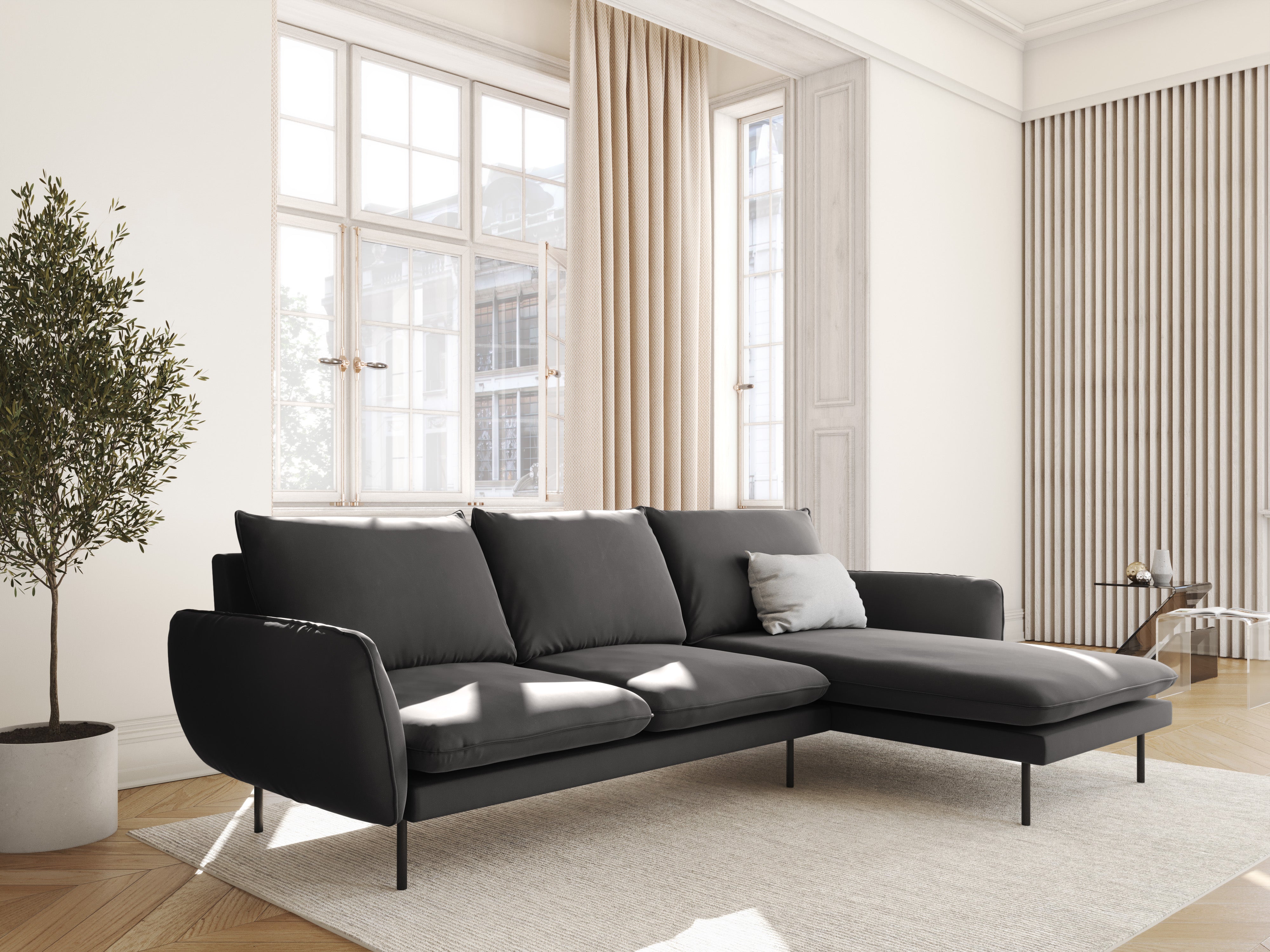 Velvet Corner Sofa Right-Handed for 5 People VIENNA Dark Gray with Black Base