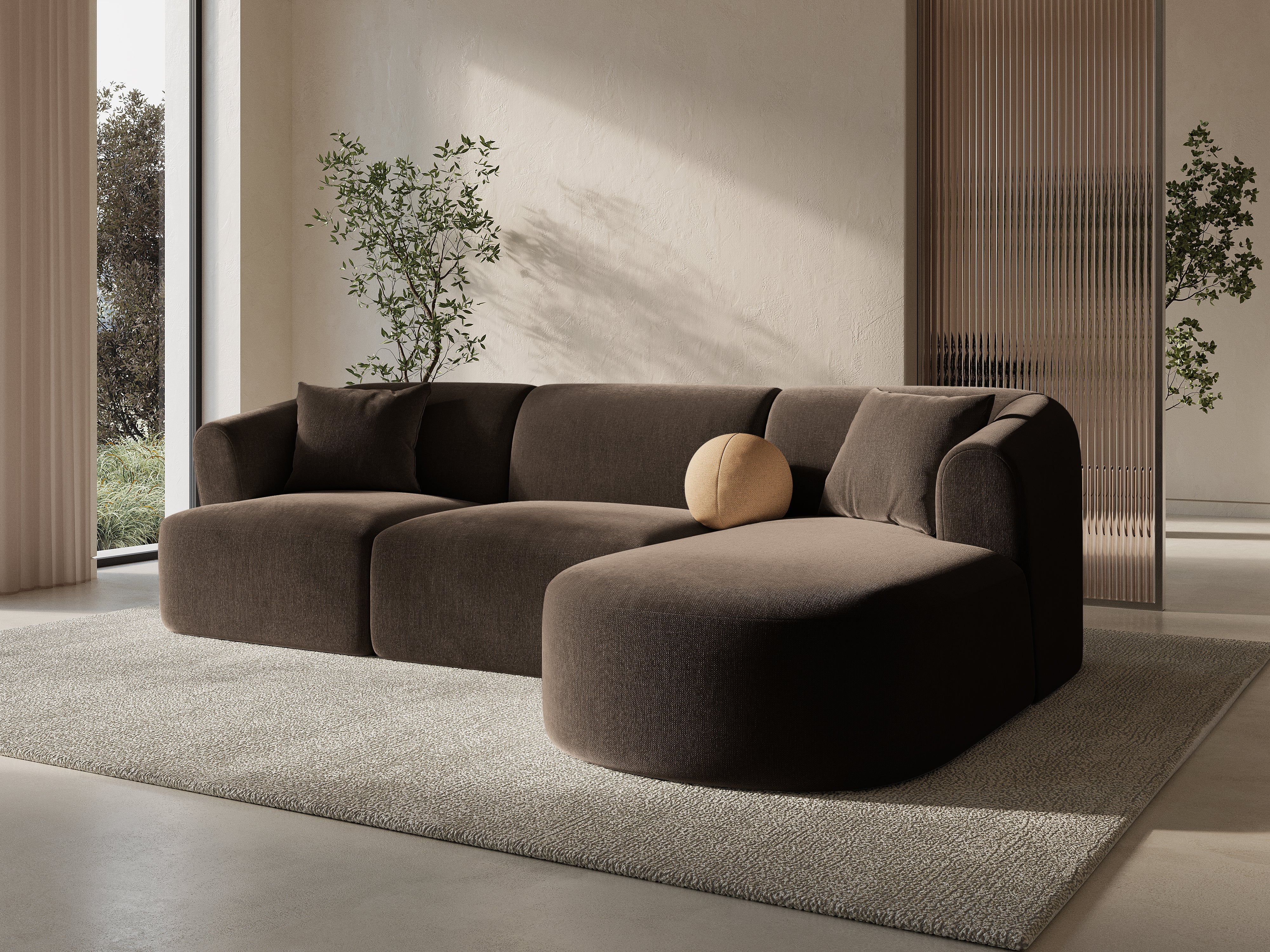 Right-facing velvet corner sofa for 4 people CAMPI chocolate