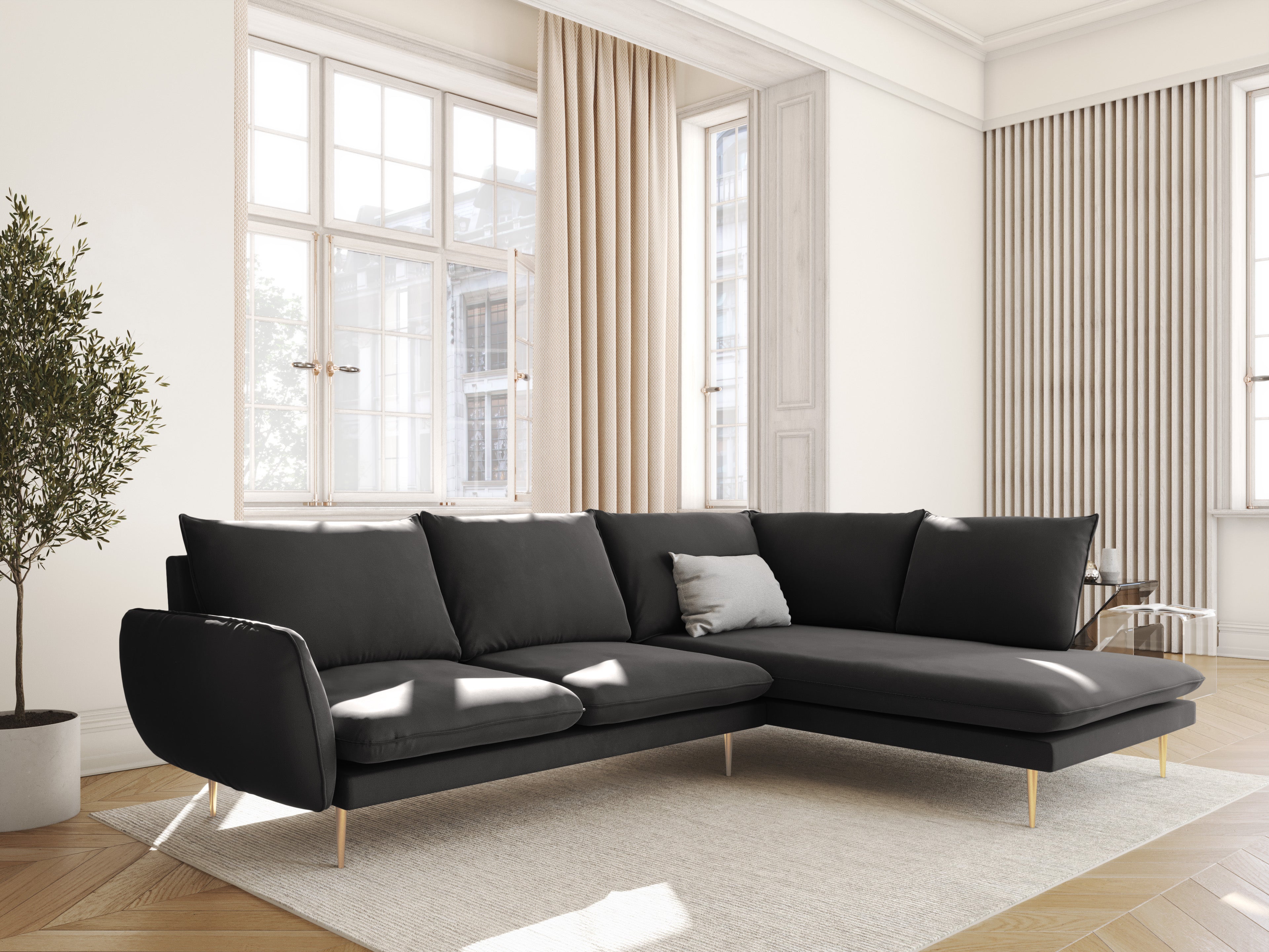 Velvet Corner Sofa Right-Hand 5-Seater VIENNA Dark Gray with Gold Base