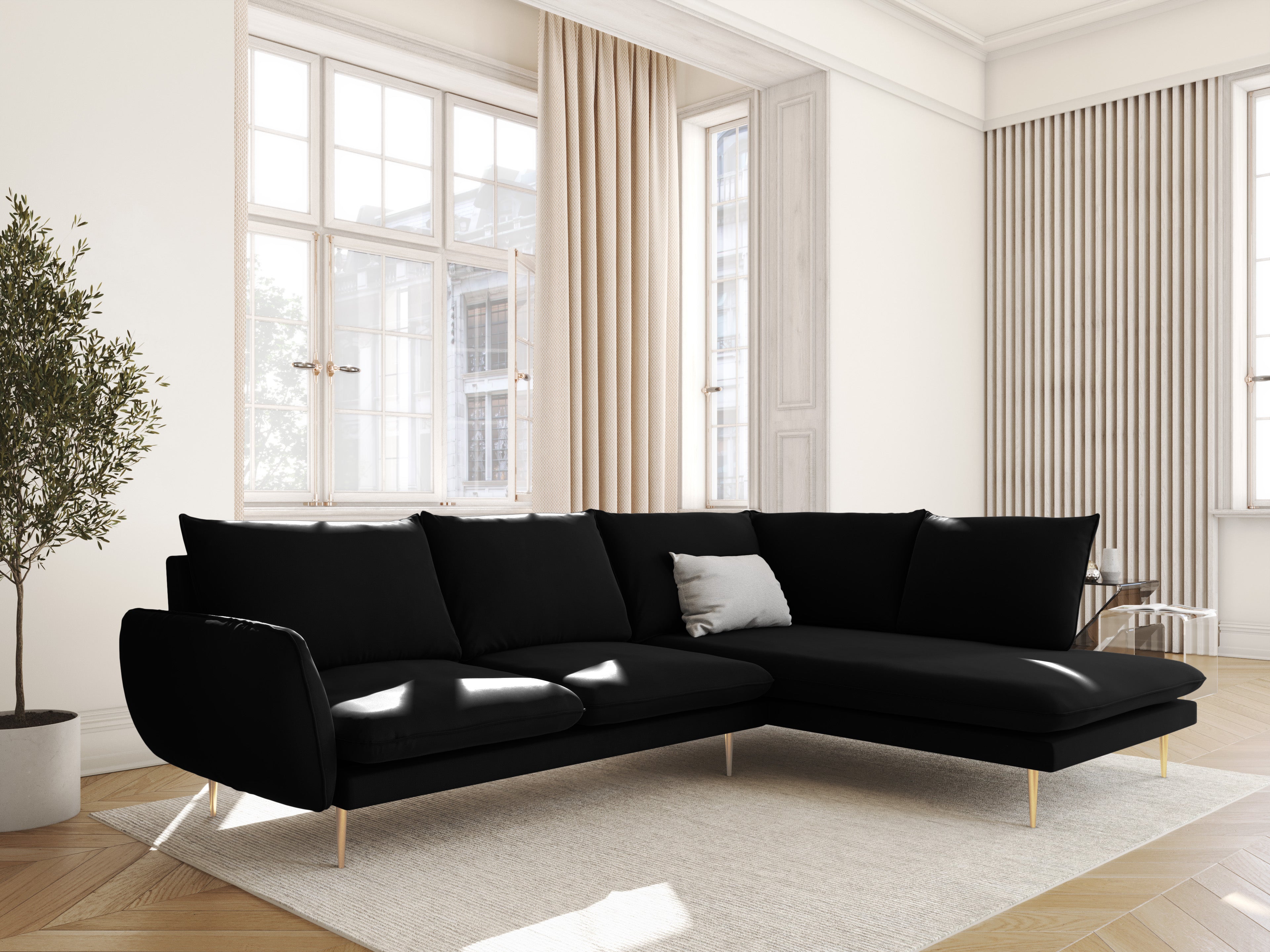 Velvet Corner Sofa Right-Hand 5-Seater VIENNA Black with Gold Base