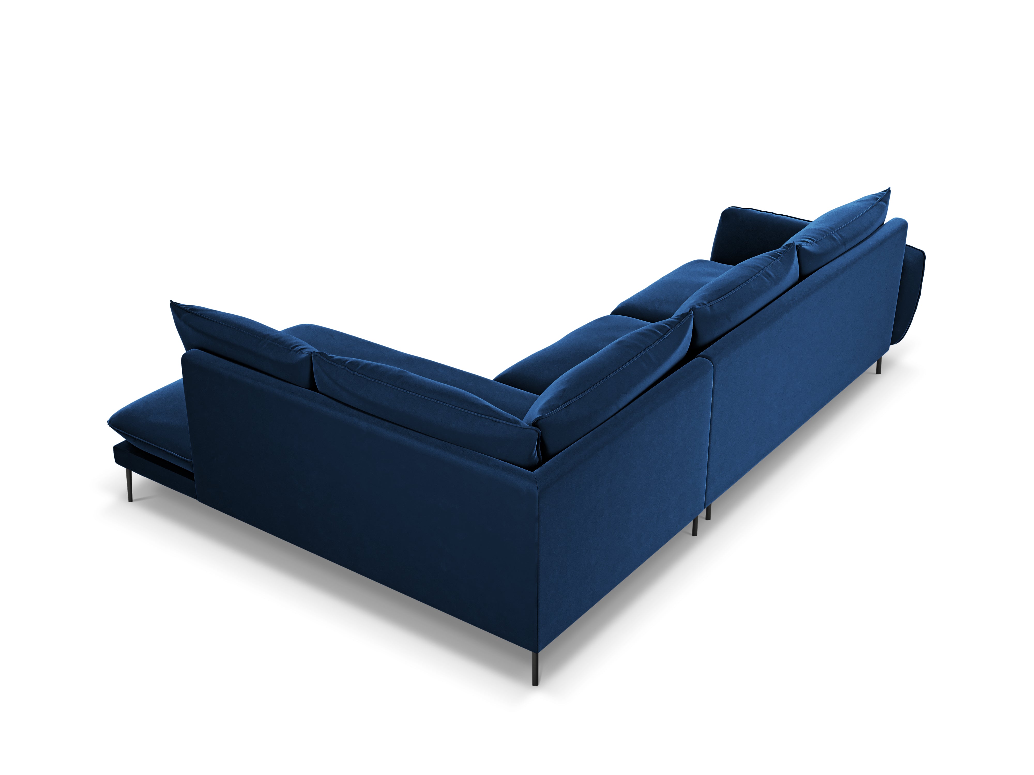 Right-facing velvet corner sofa for 5 people VIENNA in royal blue with a black base