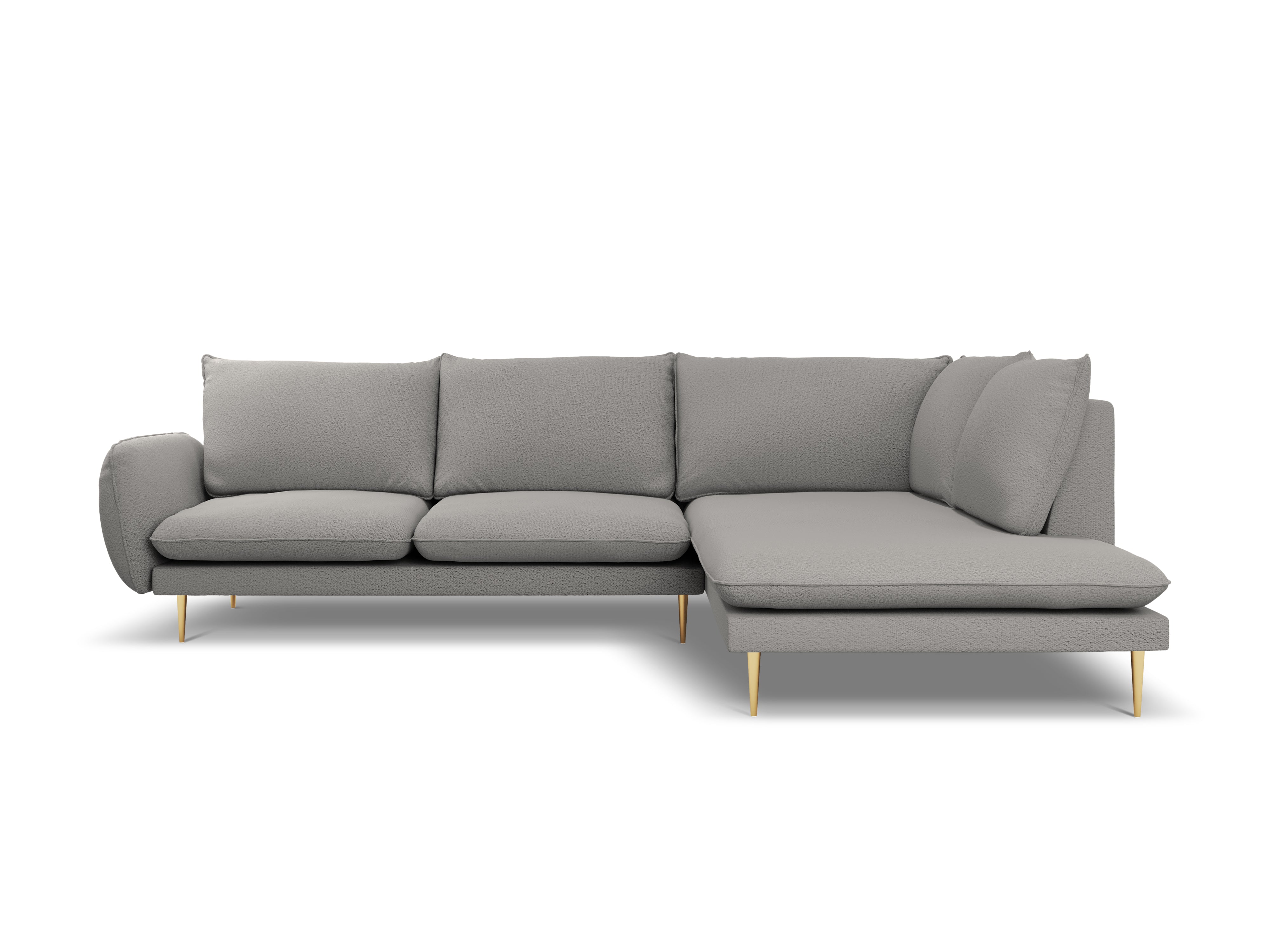 Right-facing 6-seater corner sofa VIENNA in gray boucle with a gold base