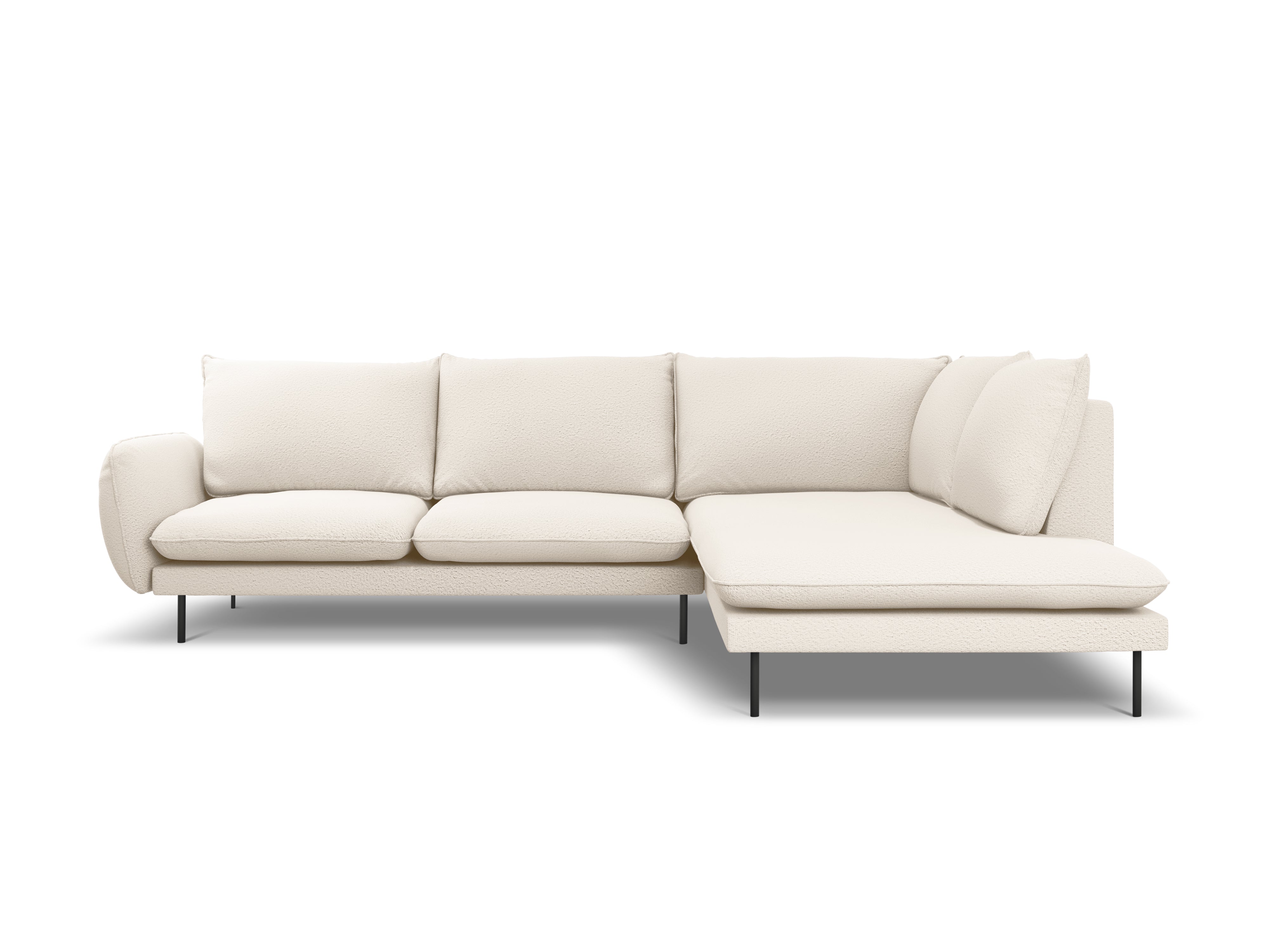 Right-facing 6-seater corner sofa VIENNA in beige boucle with a black base