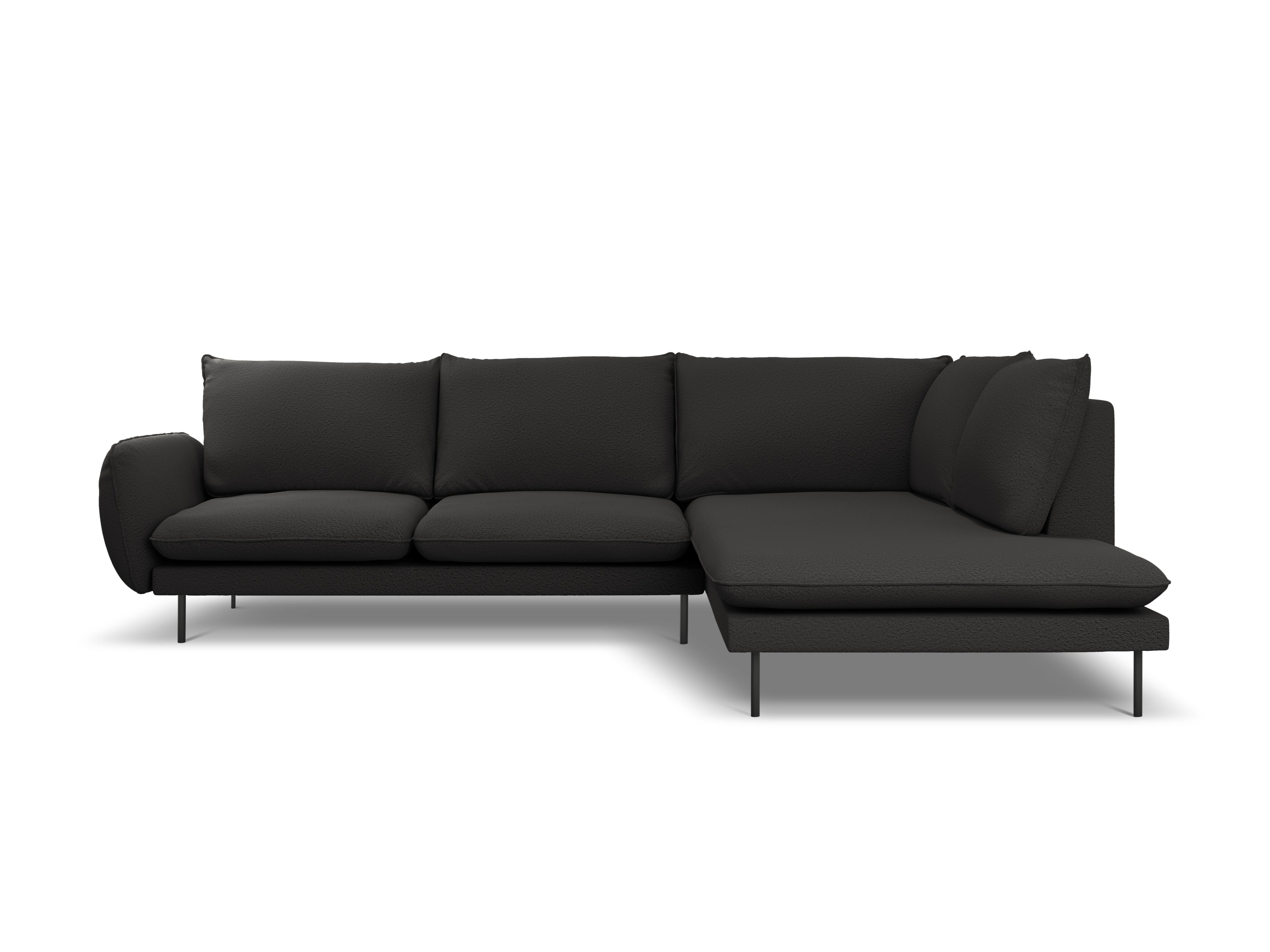 Right-facing 6-seater corner sofa VIENNA in black boucle with a black base