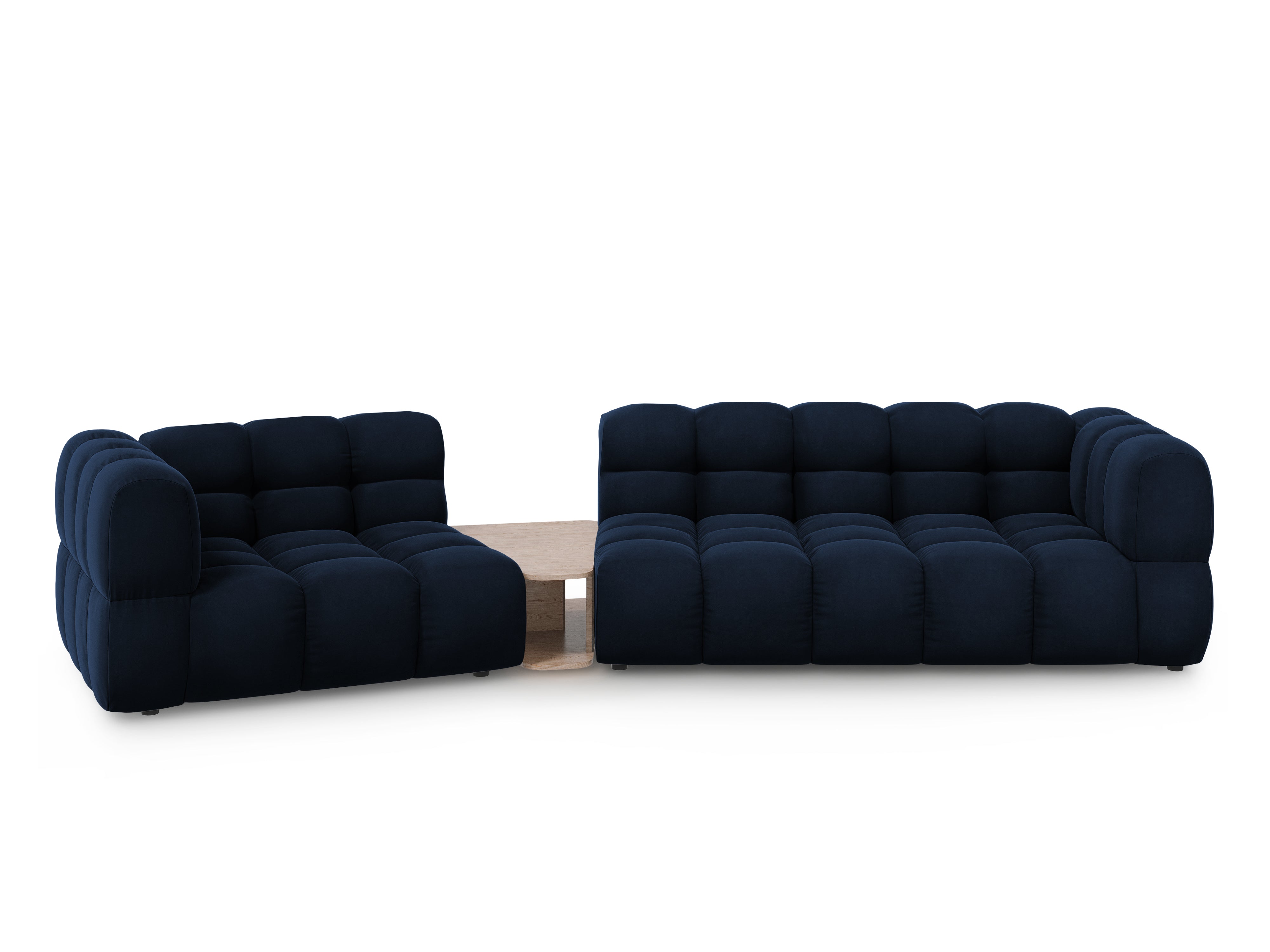 Sofa aksamitna lewostronna 3-osobowa zaokrąglona ze stolikiem SKY granat królewski Cosmopolitan Design    Eye on Design