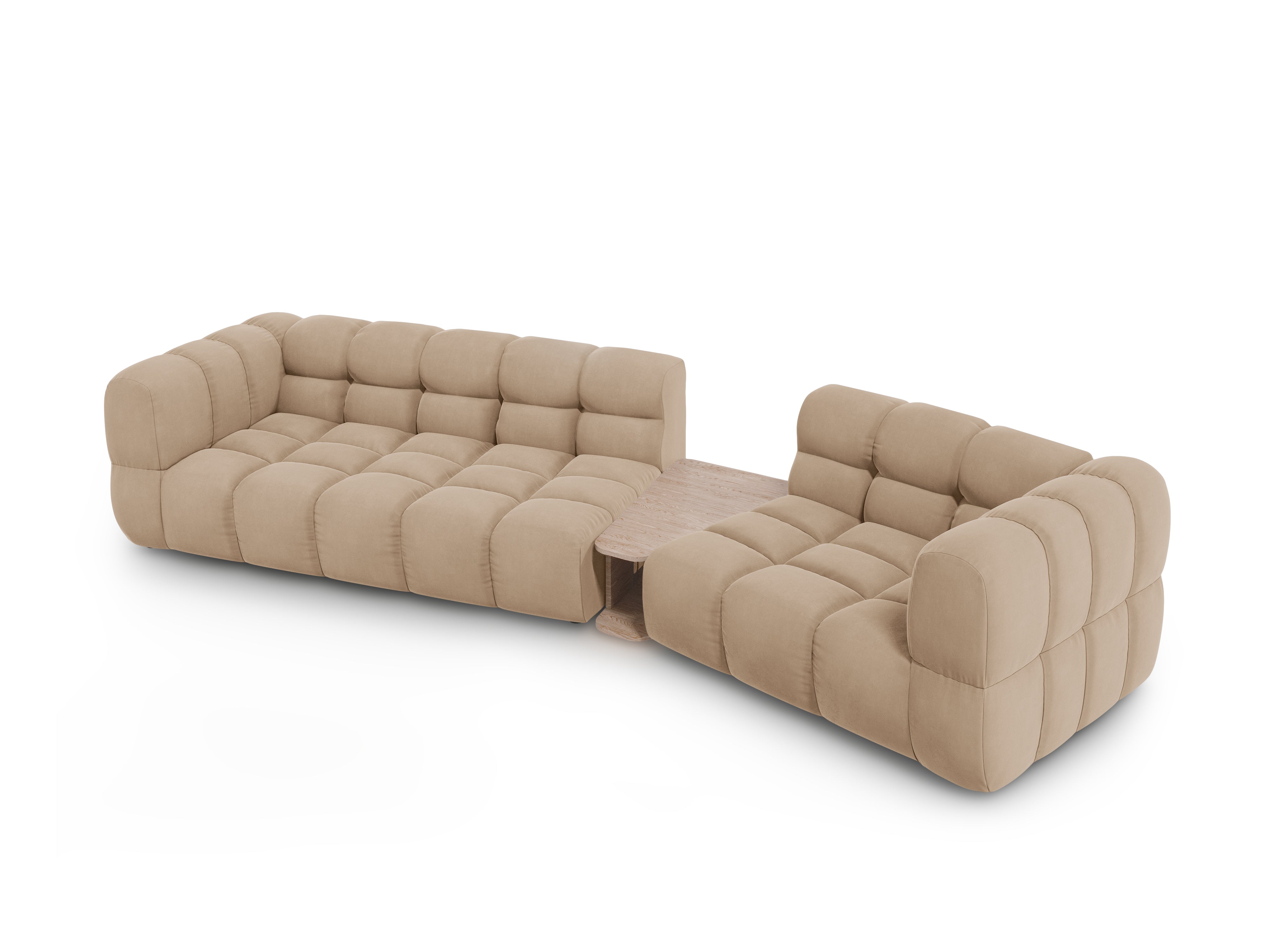 Sofa aksamitna prawostronna 3-osobowa zaokrąglona ze stolikiem SKY piaskowy Cosmopolitan Design    Eye on Design