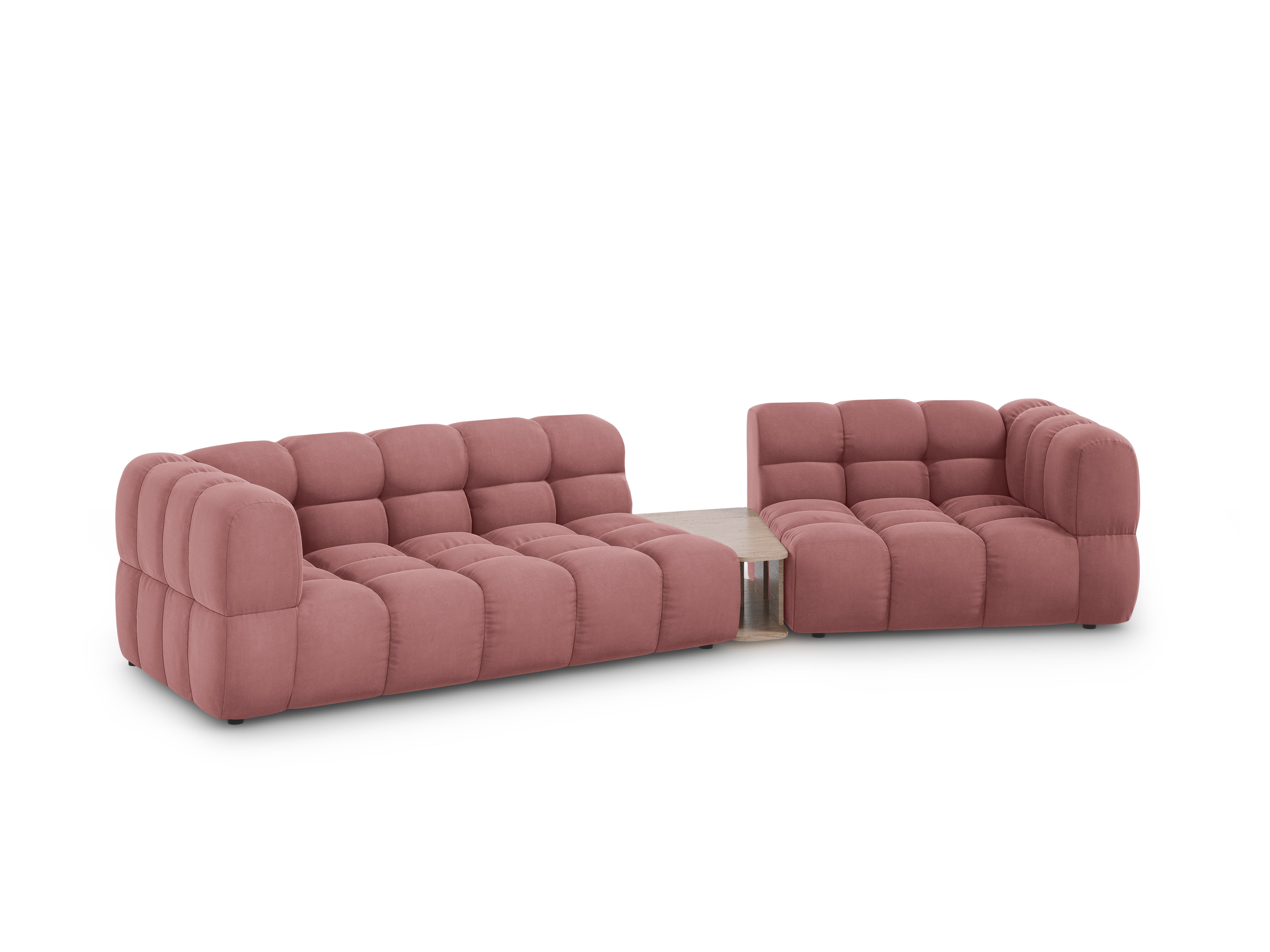 Sofa aksamitna prawostronna 3-osobowa zaokrąglona ze stolikiem SKY łososiowa Cosmopolitan Design    Eye on Design