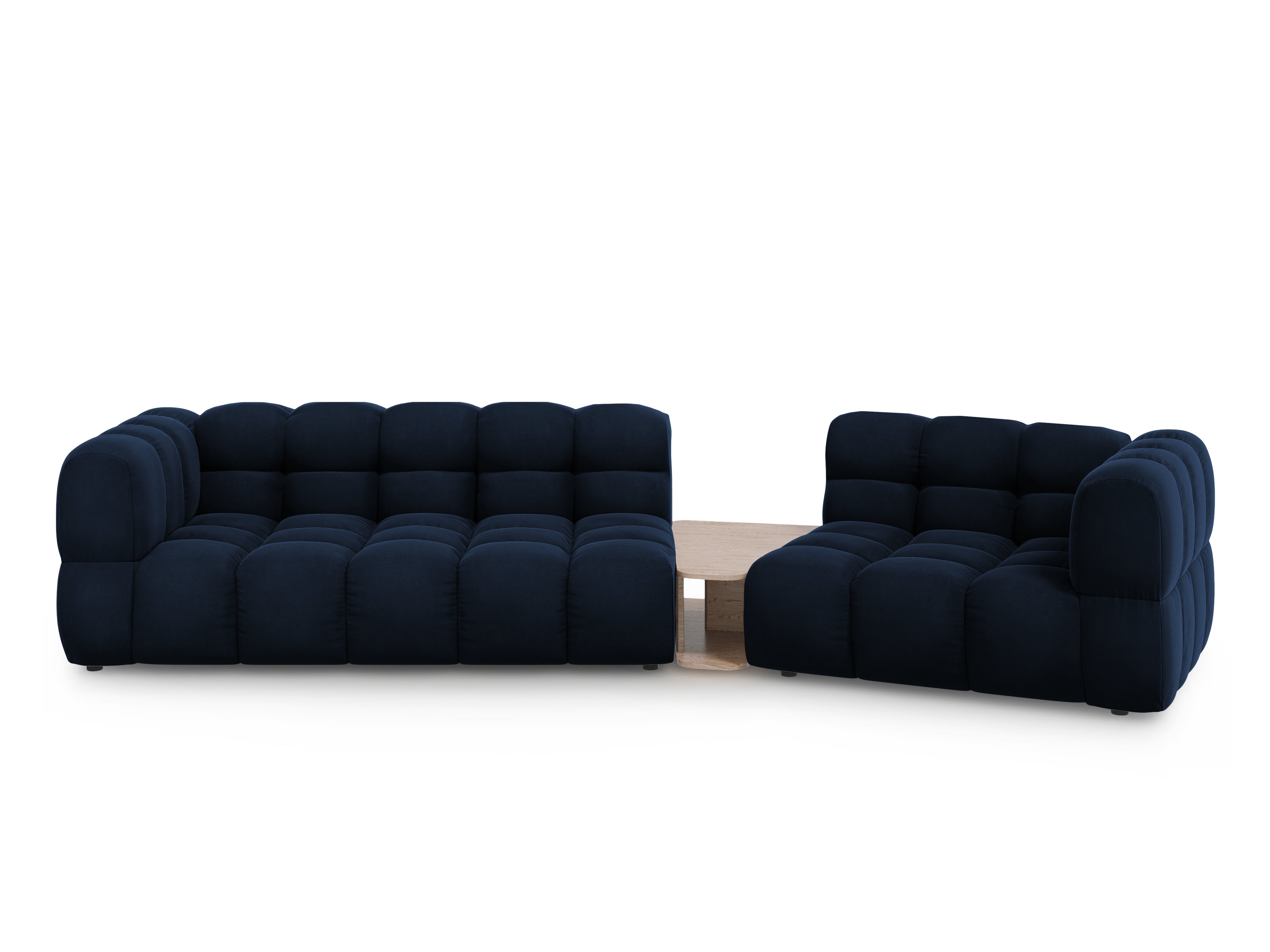 Sofa aksamitna prawostronna 3-osobowa zaokrąglona ze stolikiem SKY granat królewski Cosmopolitan Design    Eye on Design