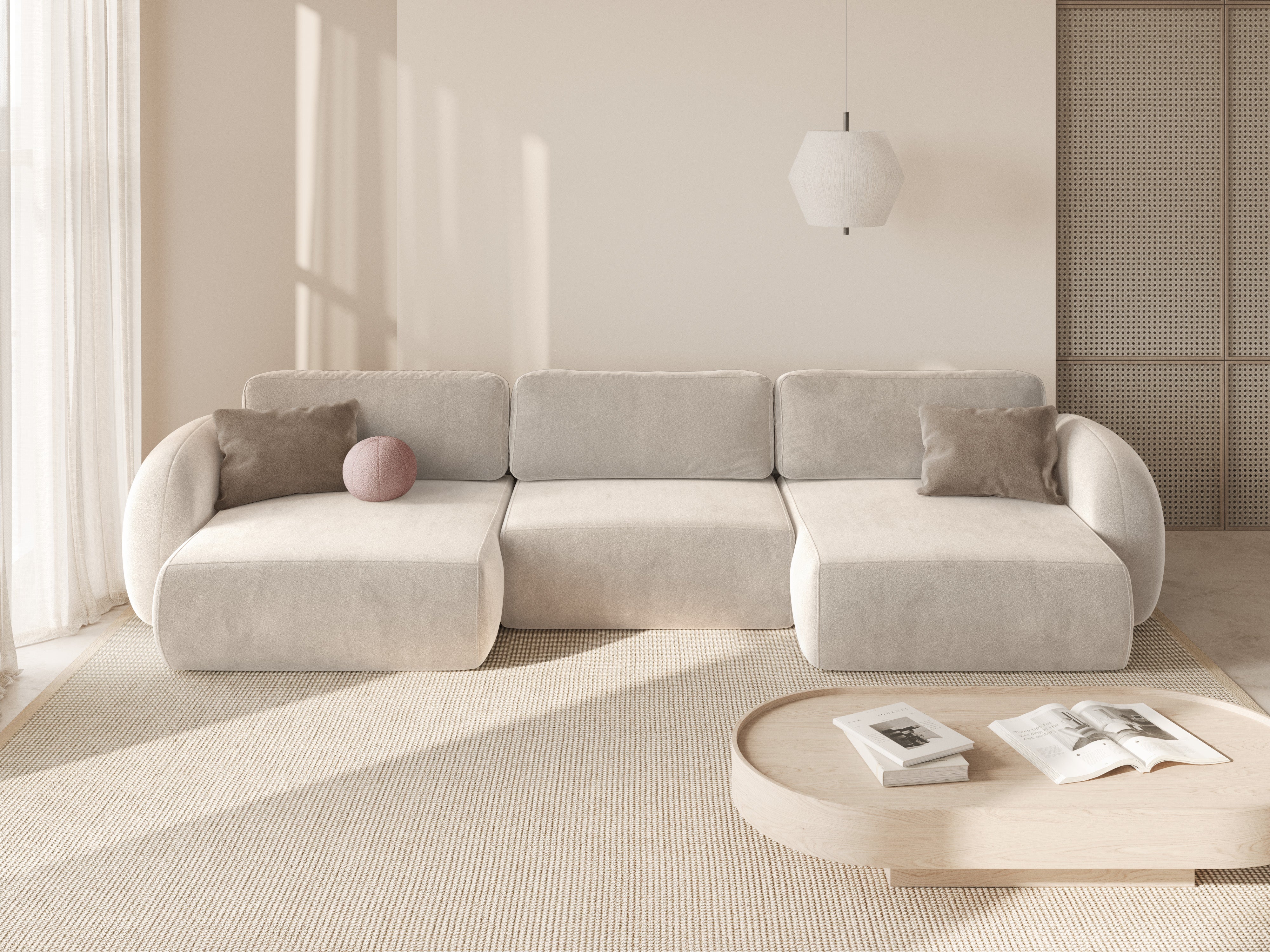 Panoramic Velvet Sofa with Sleeping Function for 5 People TONALE Cream