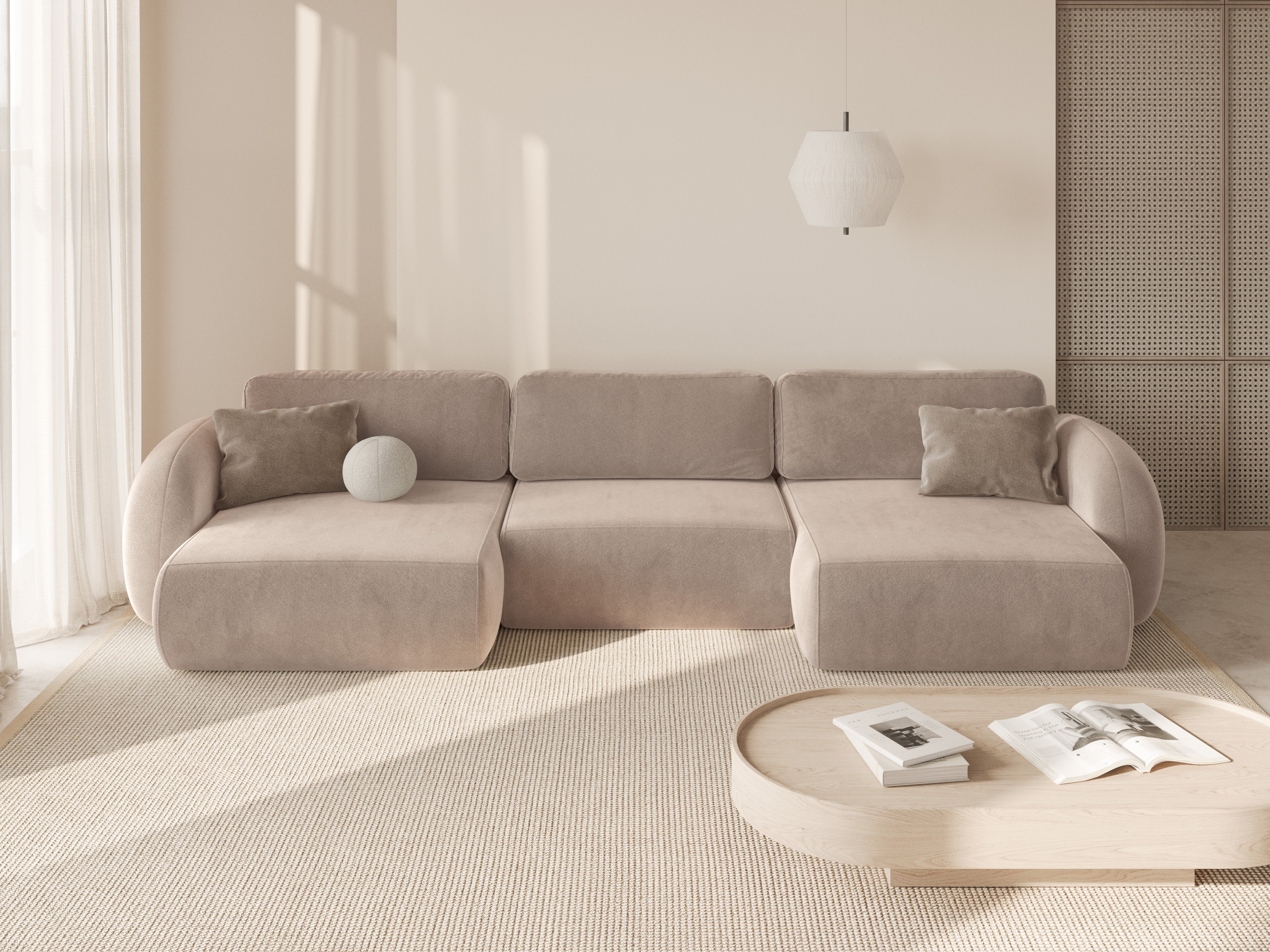 Panoramic Velvet Sofa with Sleeping Function for 5 People TONALE Beige