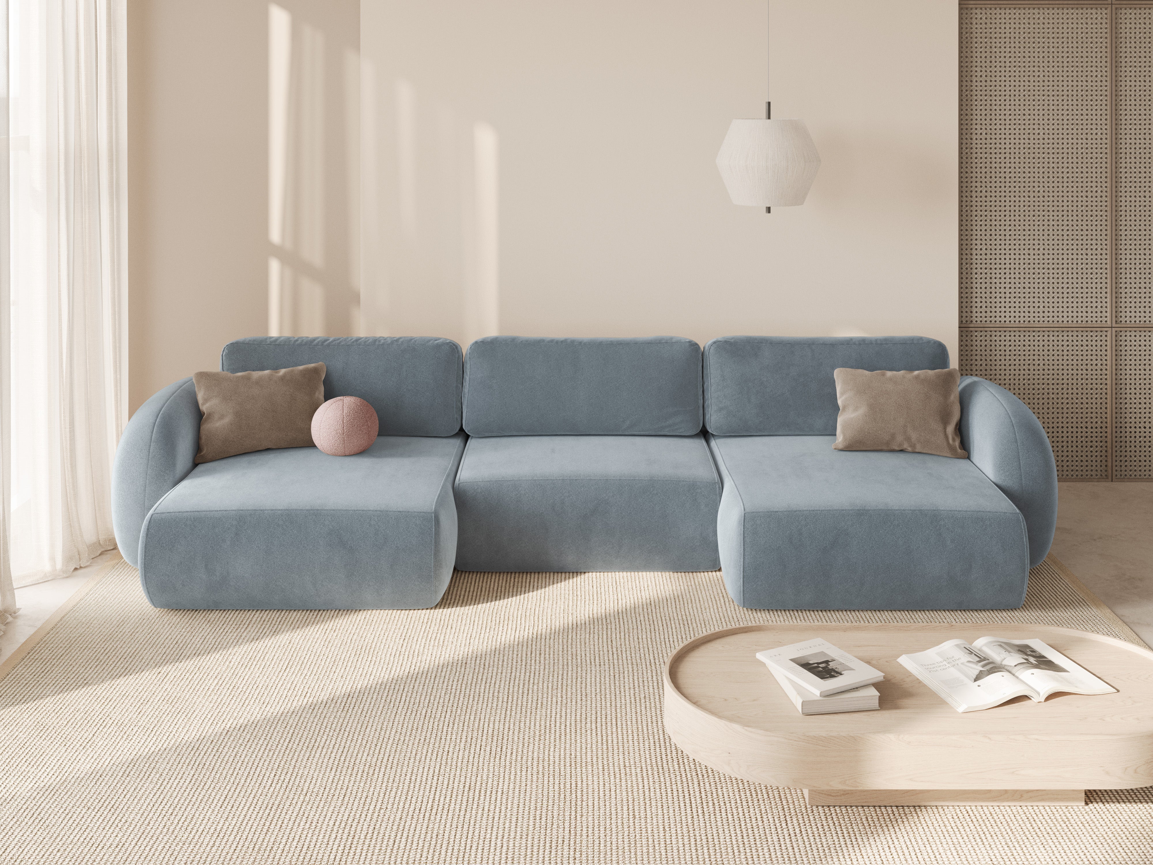 Panoramic velvet sofa with sleeping function for 5 people TONALE blue