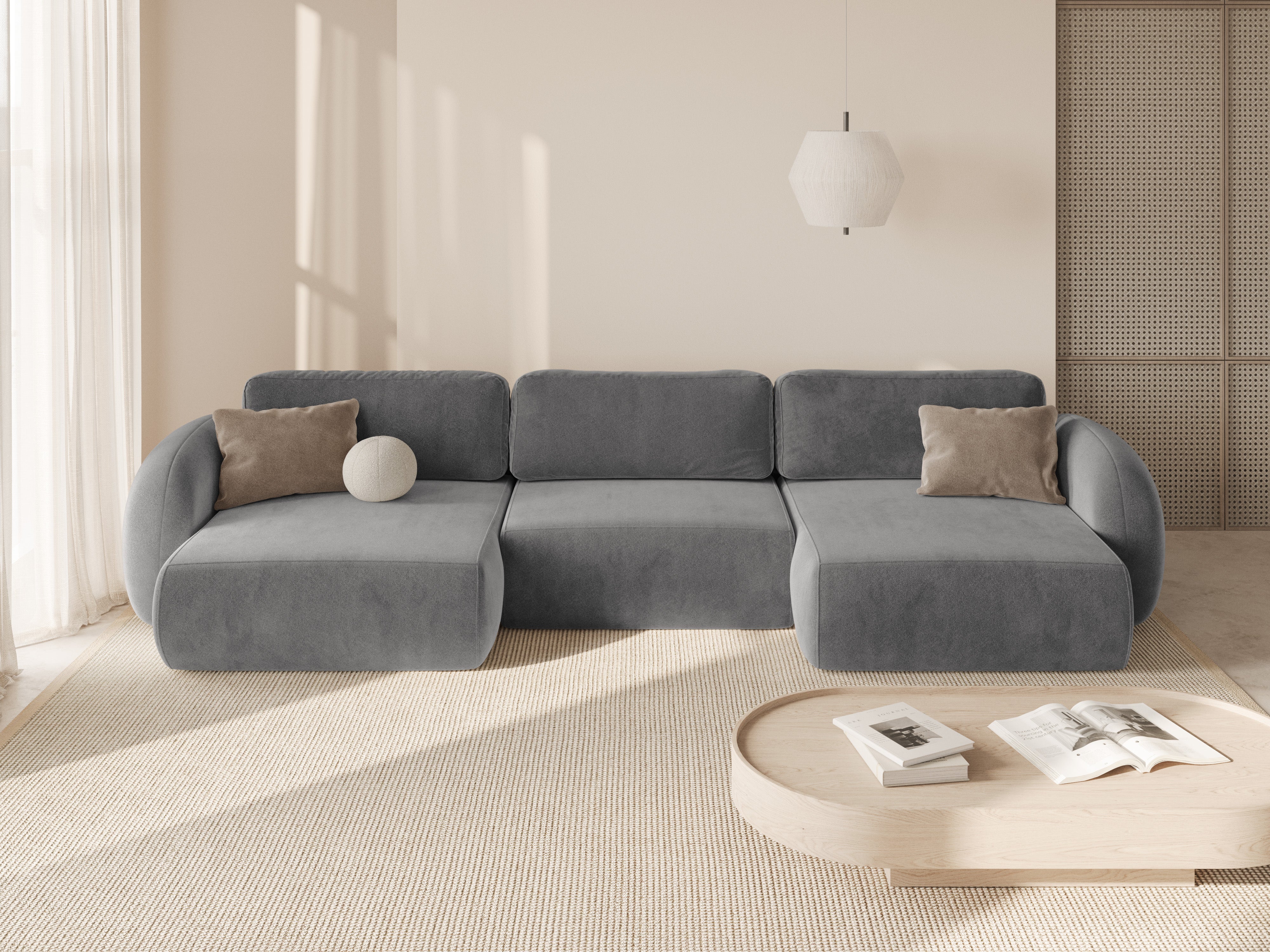 Panoramic velvet sofa with sleeping function for 5 people TONALE dark gray