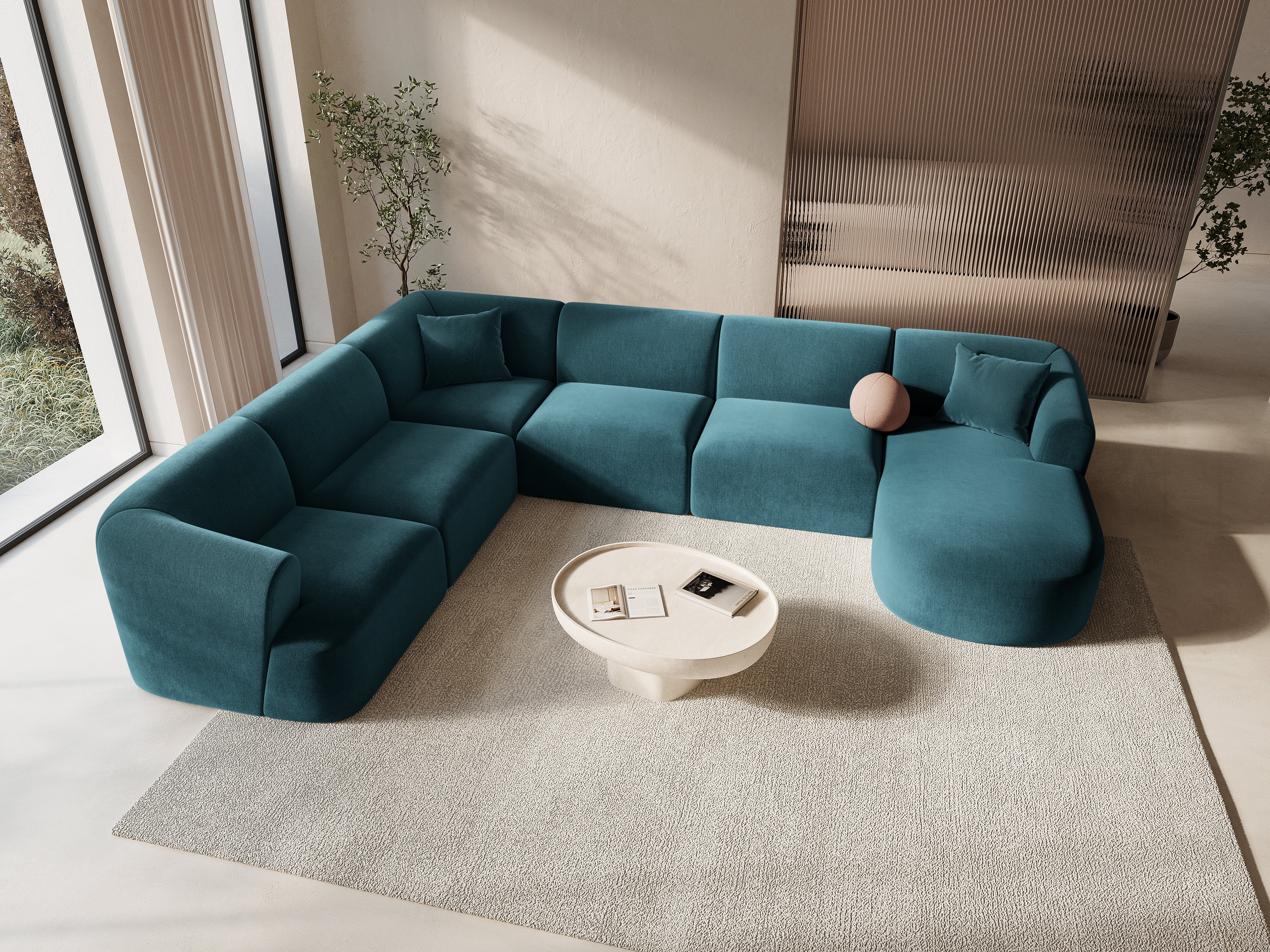 Linksseitiges, samtiges, panoramisches 7-sitziges Sofa CAMPI petrol