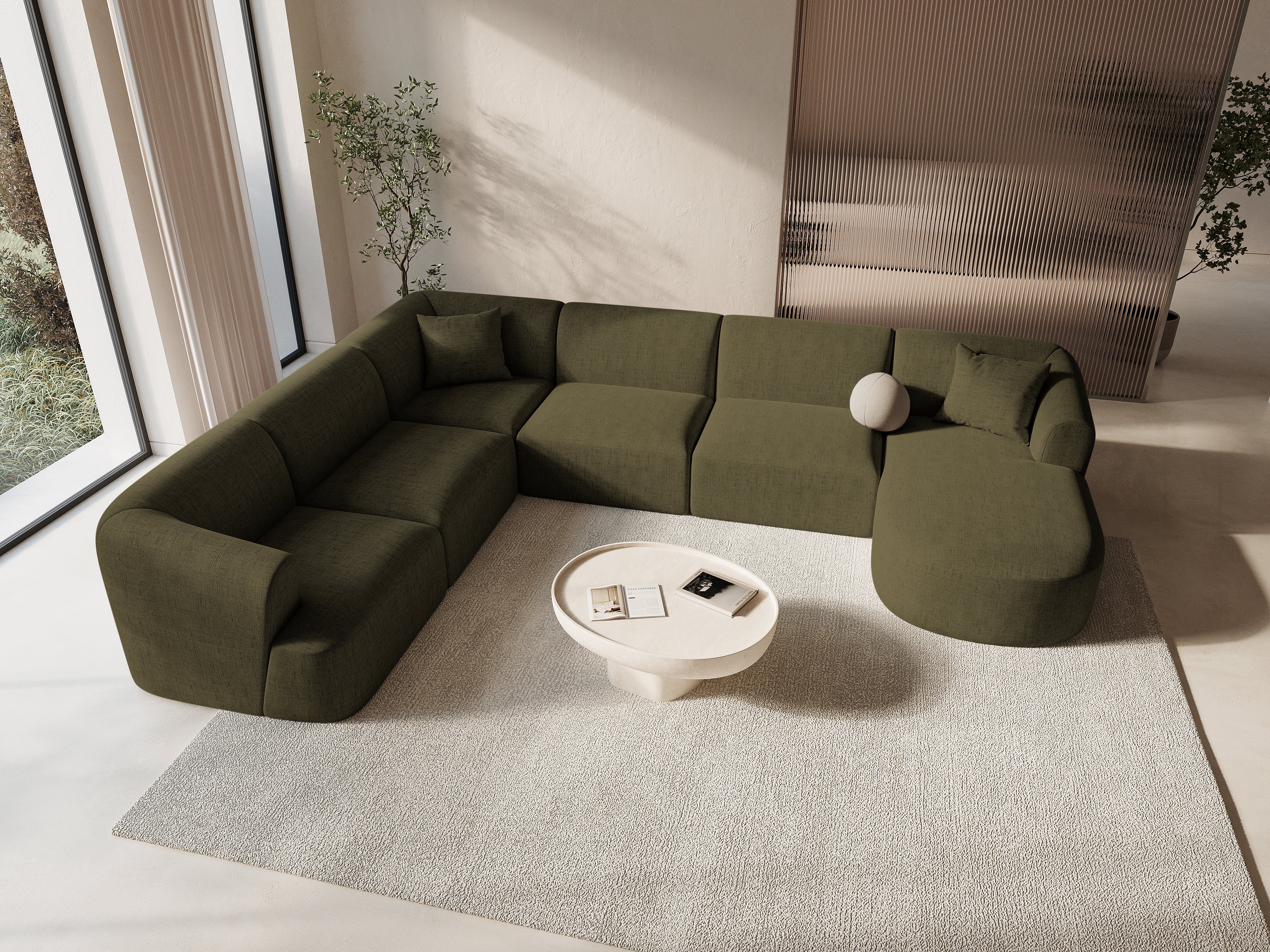 Left-sided panoramic corner sofa for 7 people CAMPI green chenille
