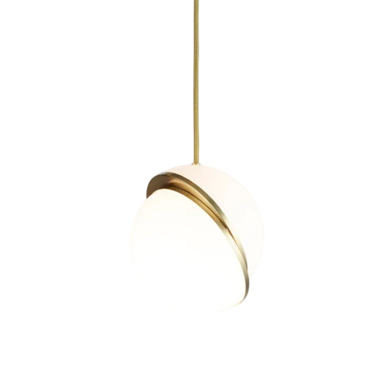 CRESCENT pendant lamp with an opal shade and brass accents.