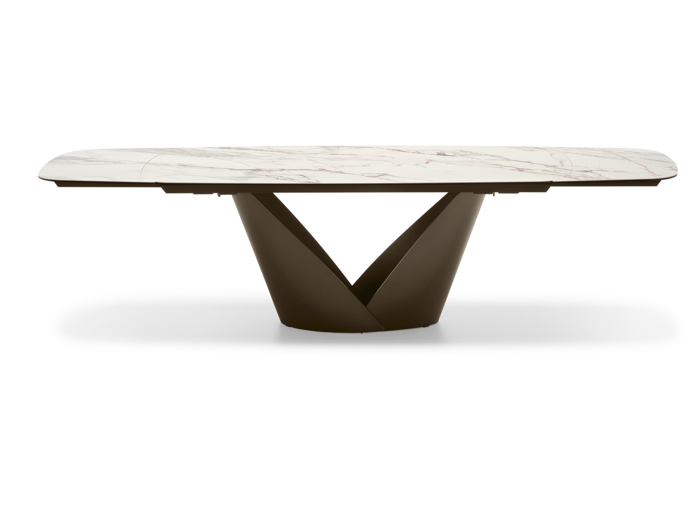 Expandable table CALLA with a white ceramic top and a brown base