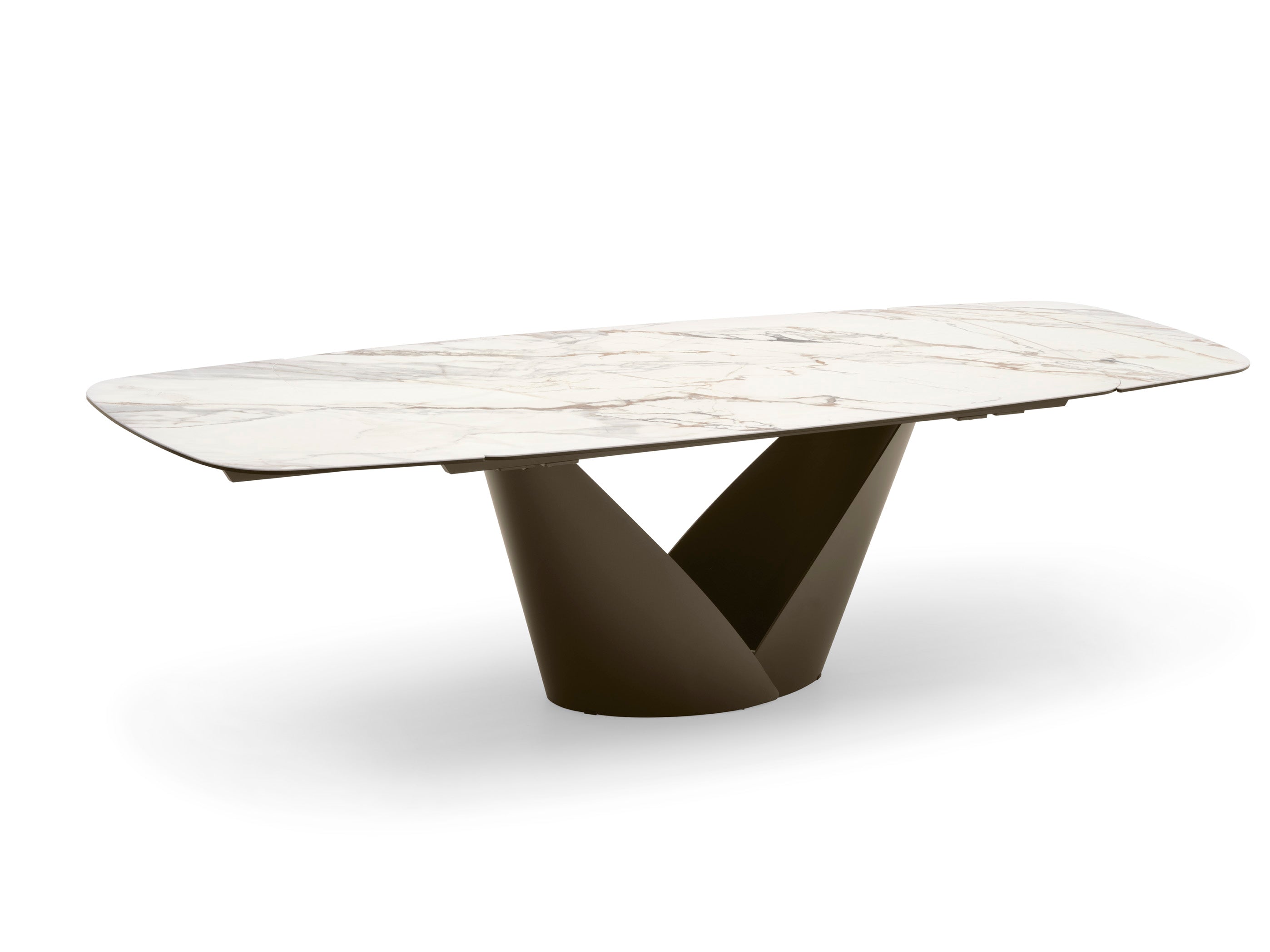 Expandable table CALLA with a white ceramic top and a brown base