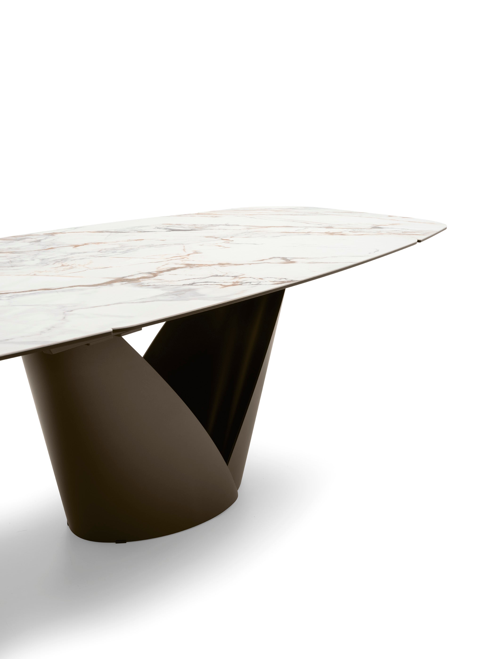 Expandable table CALLA with a white ceramic top and a brown base