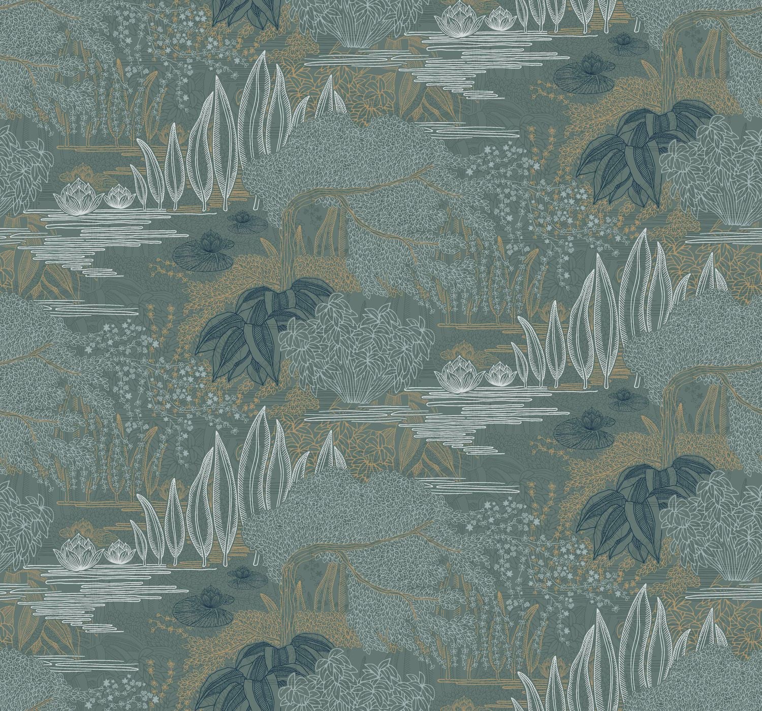 Wallpaper with a plant landscape of a water garden JASMIN - VERT DE GRIS/DORÉ green with gold
