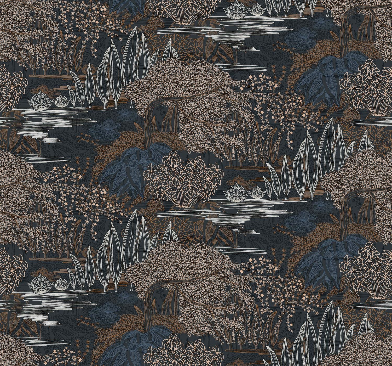 Wallpaper with a plant landscape of a water garden JASMIN - ENCRE/CUIVRE black with brown