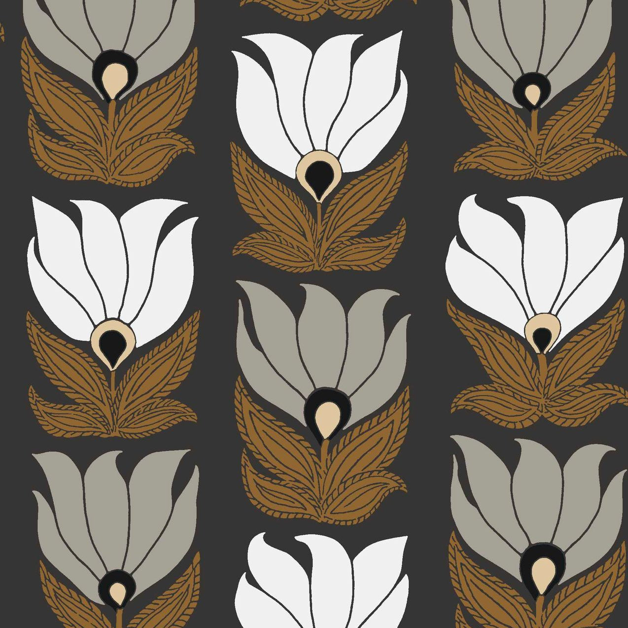 Wallpaper with a floral plant motif DAUPHINE - BLACK/GOLD black with gold and gray