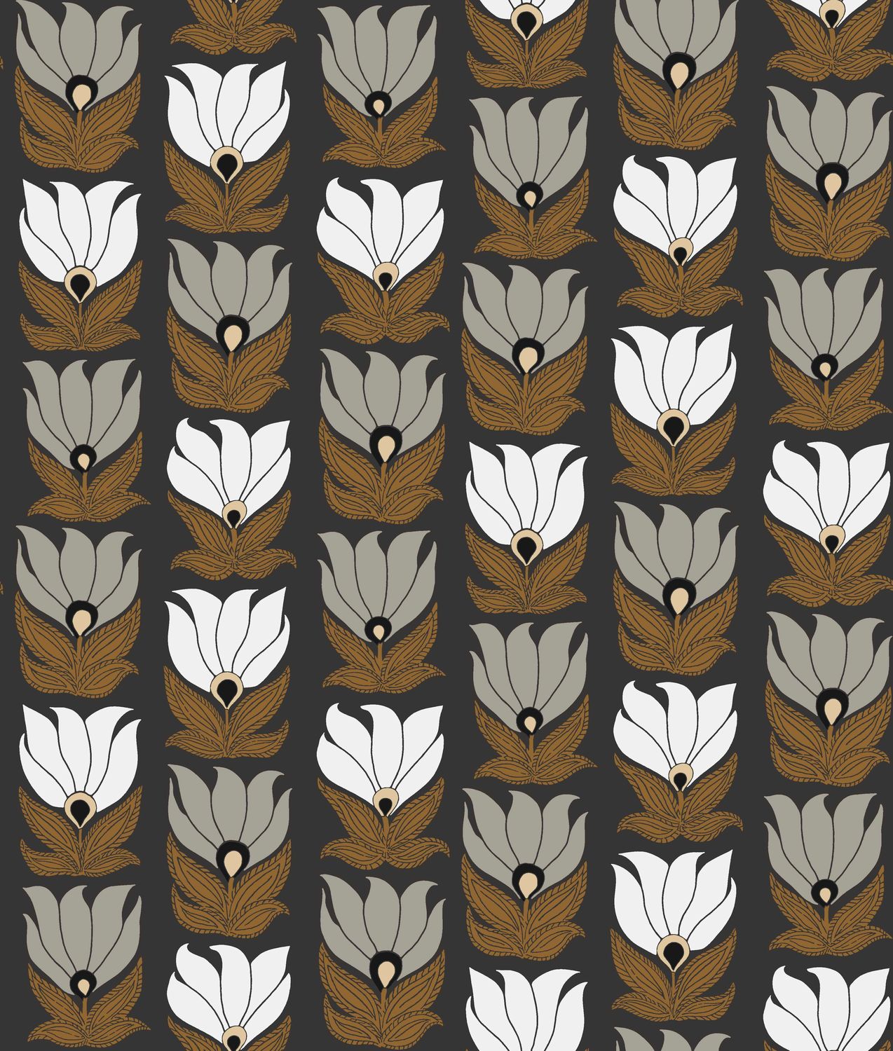 Wallpaper with a floral plant motif DAUPHINE - BLACK/GOLD black with gold and gray