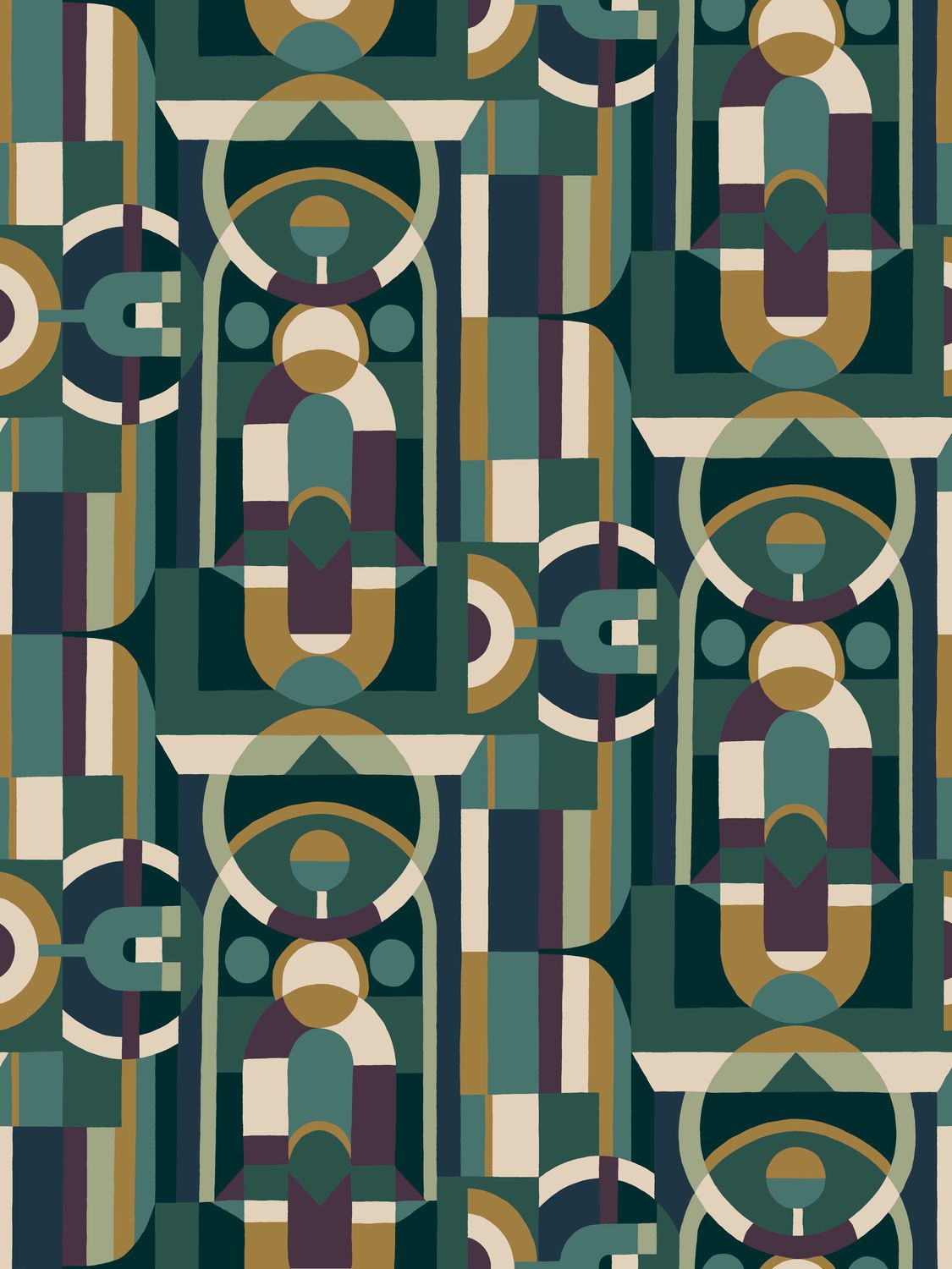 Stained Glass Geometric Pattern Wallpaper VITRAIL - ÉMERAUDE/VIOLET Emerald with Purple